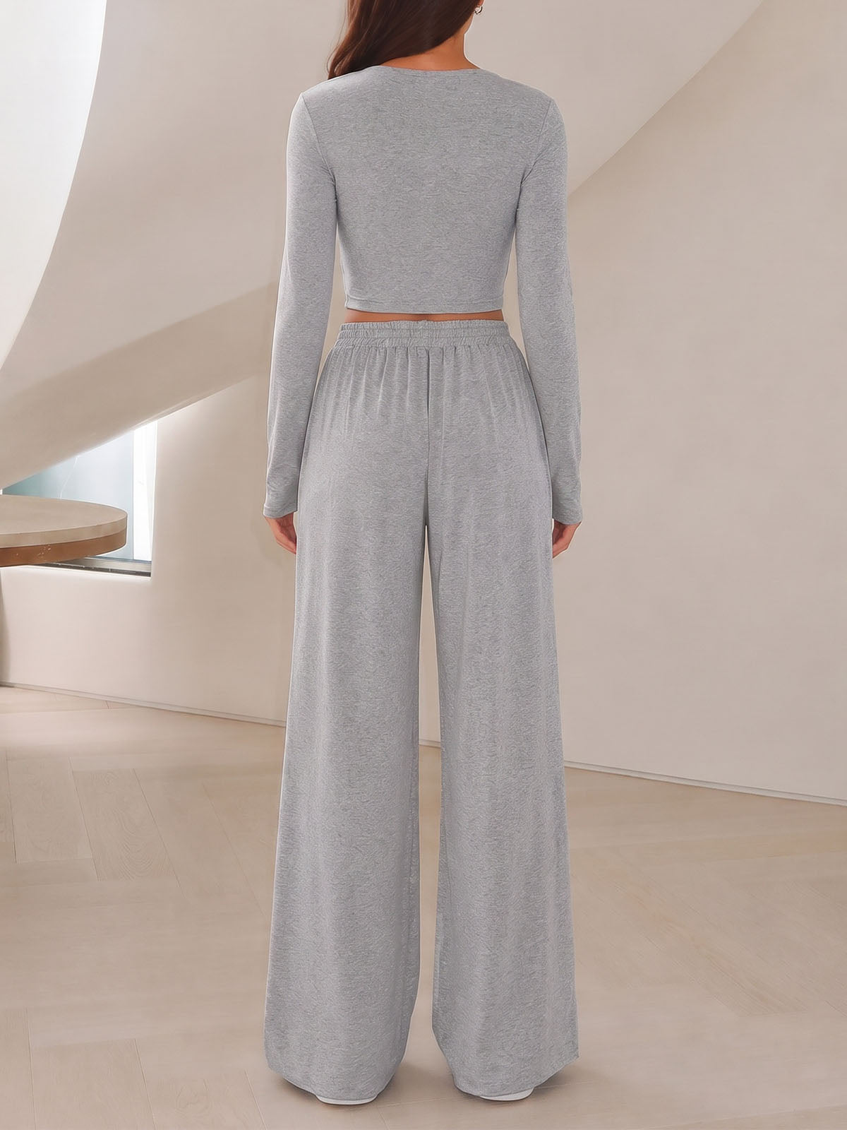 Casual Long Sleeve Button Up Crop Resort Two Piece Wide Leg Pant Set