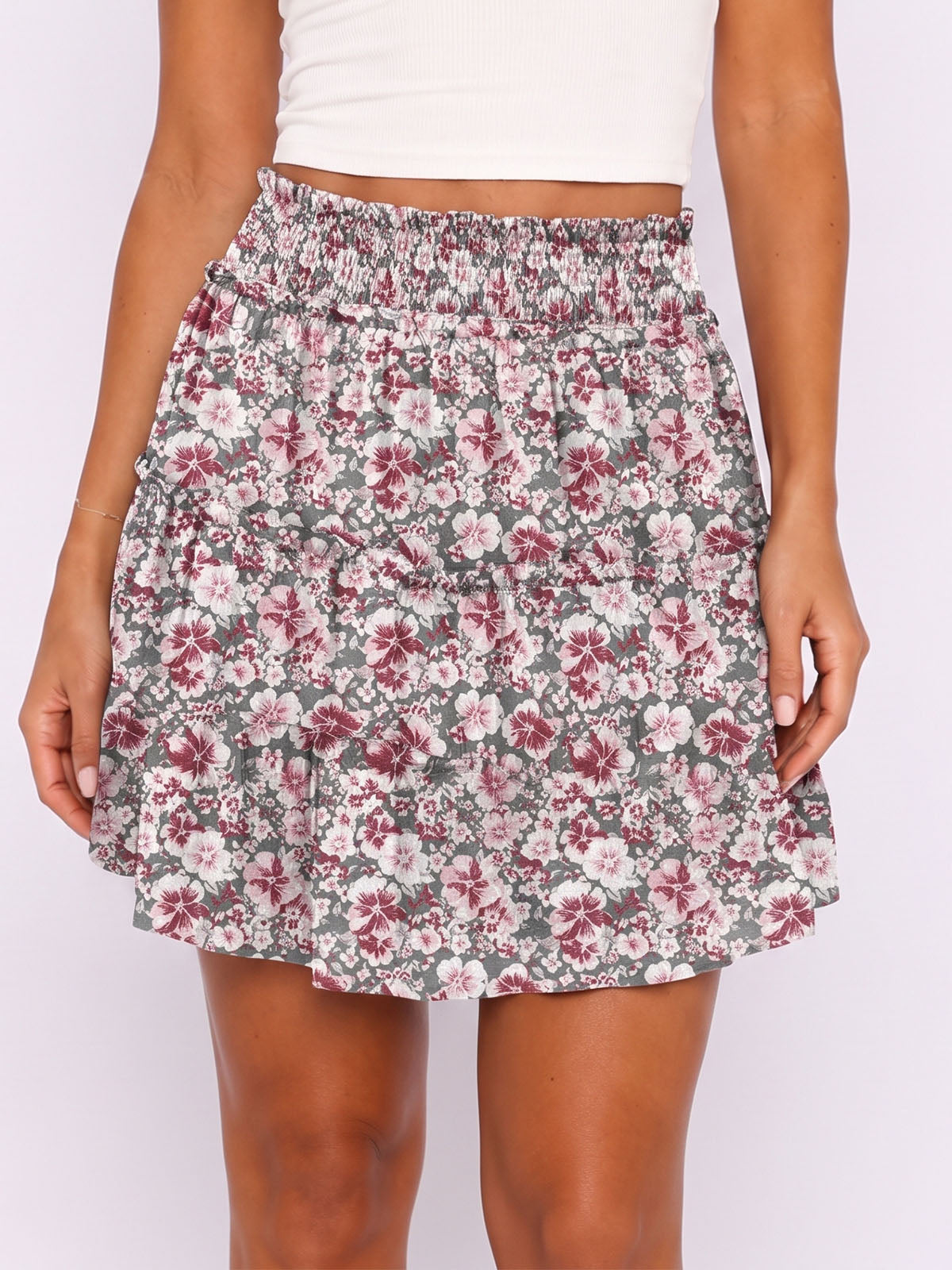 Casual Smocked High Waist Pocketed Resort A Line Tiered Mini Skirt