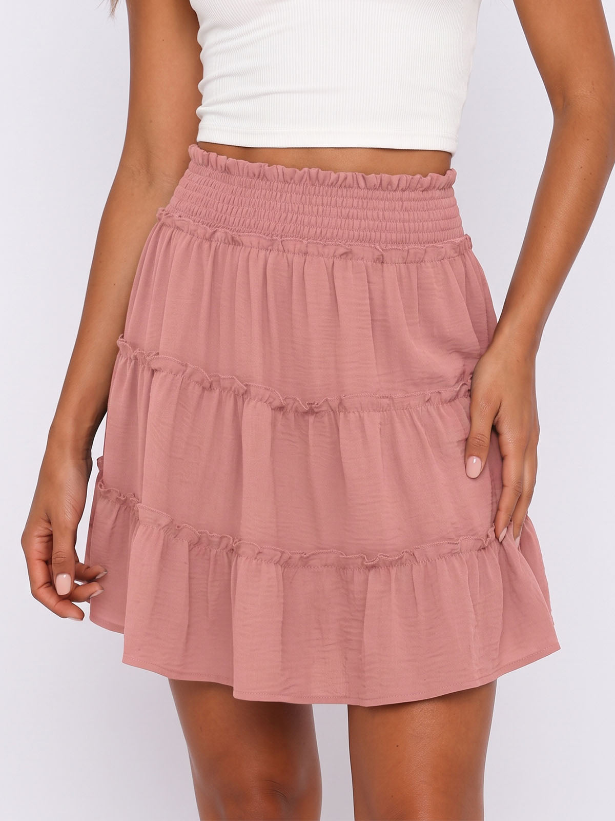 Casual Smocked High Waist Pocketed Resort A Line Tiered Mini Skirt
