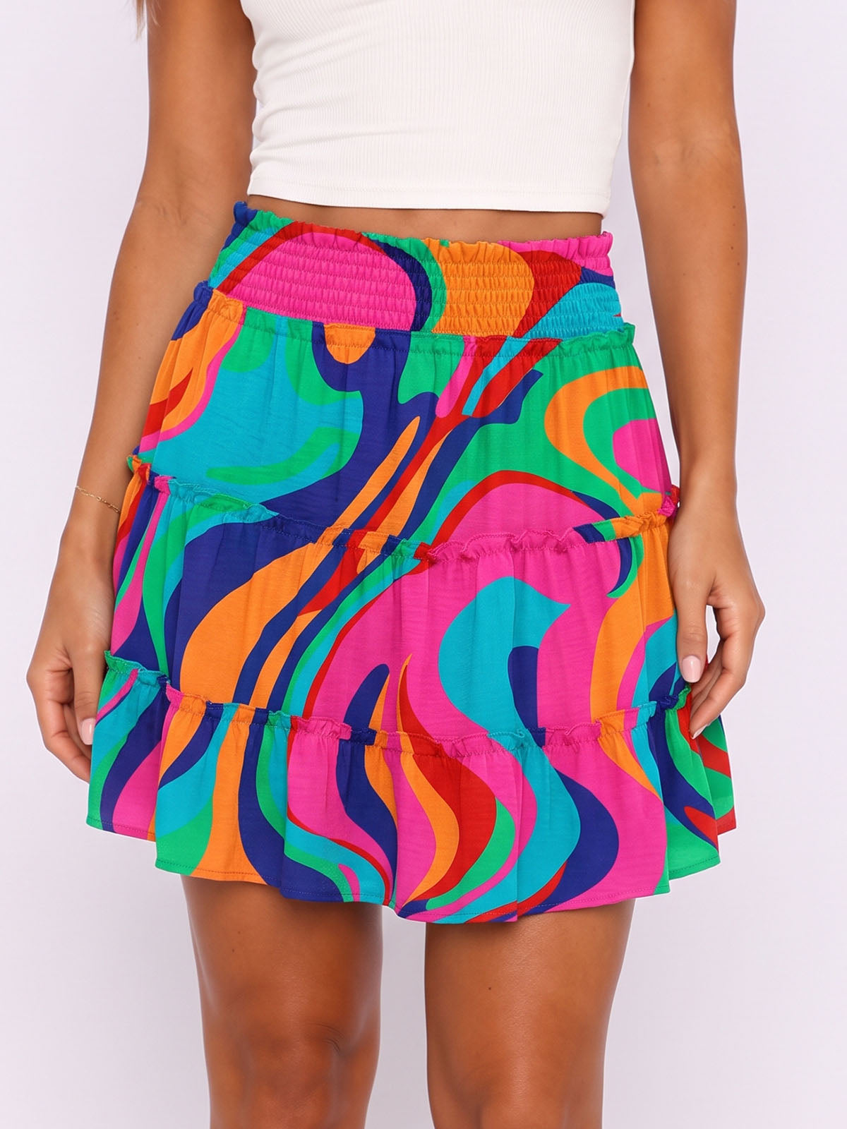 Casual Smocked High Waist Pocketed Resort A Line Tiered Mini Skirt