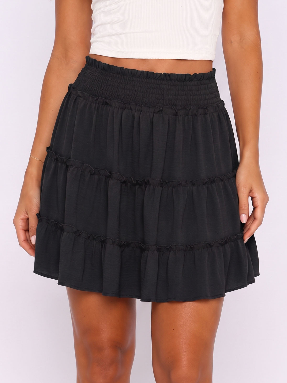 Casual Smocked High Waist Pocketed Resort A Line Tiered Mini Skirt