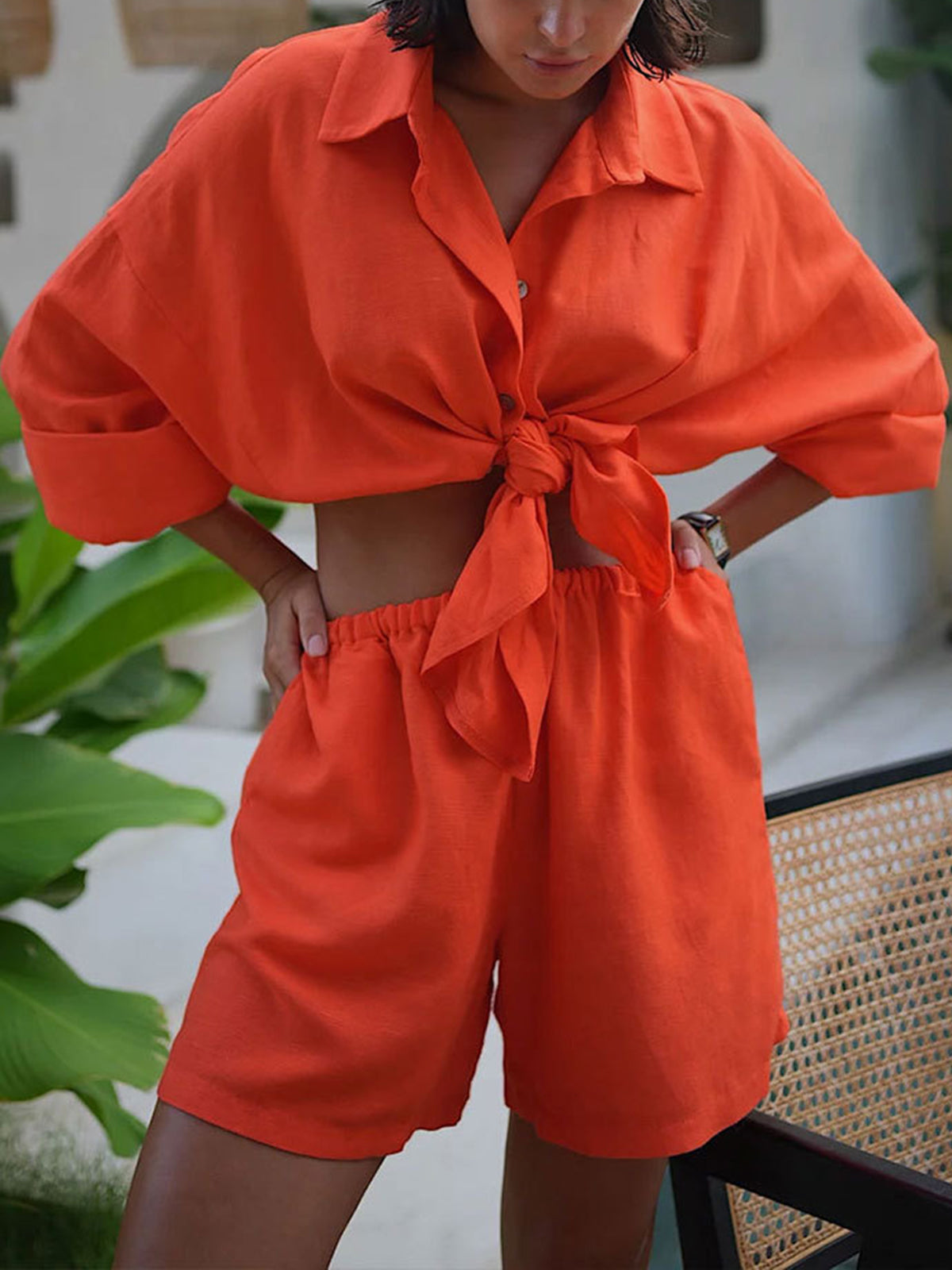 Chic Buttoned Shirt High Rise Short Resort Cotton Blend Two Piece Set