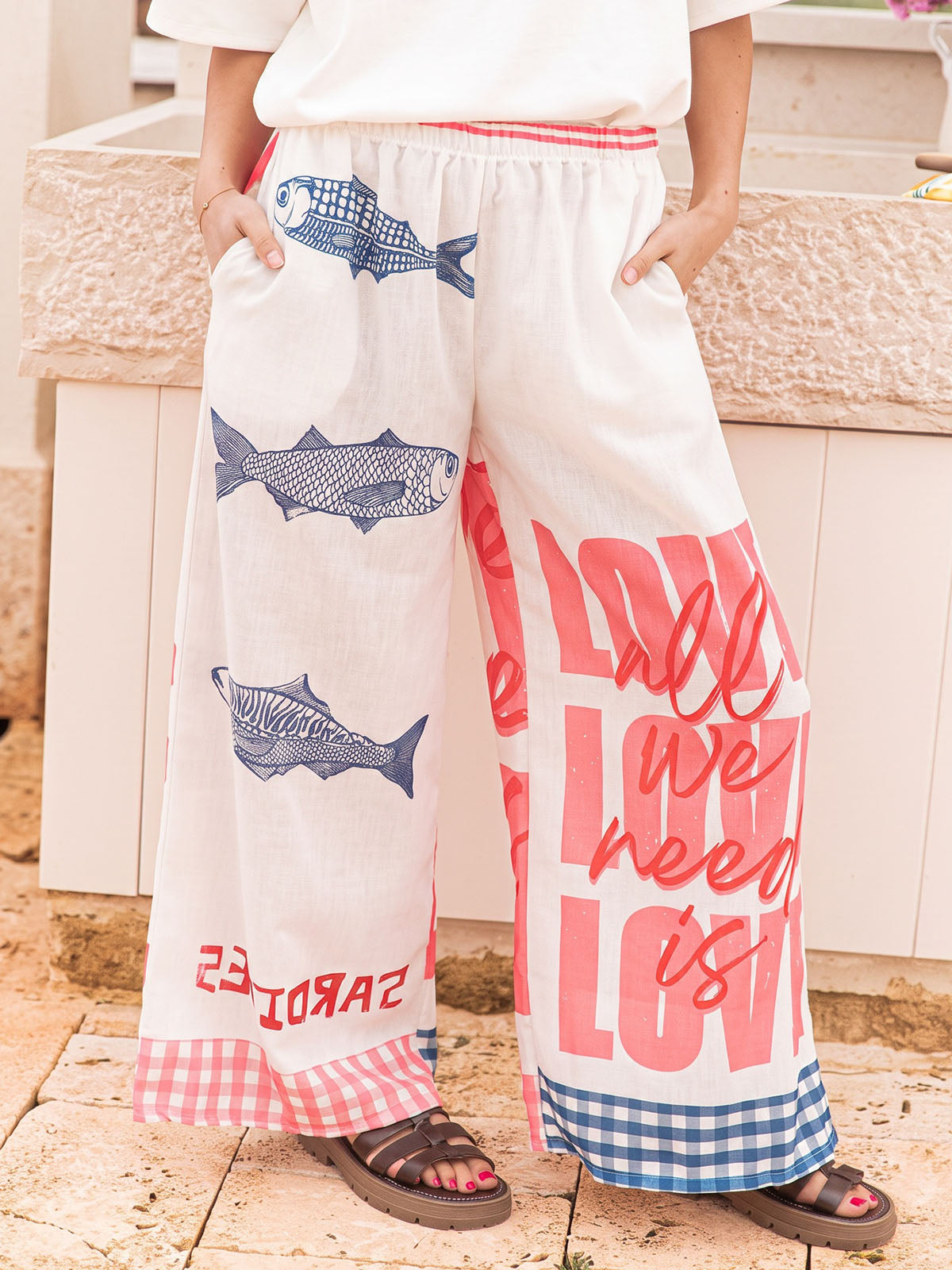 Coastal Fish Graphic Print High Waist Wide Leg Resort Pants