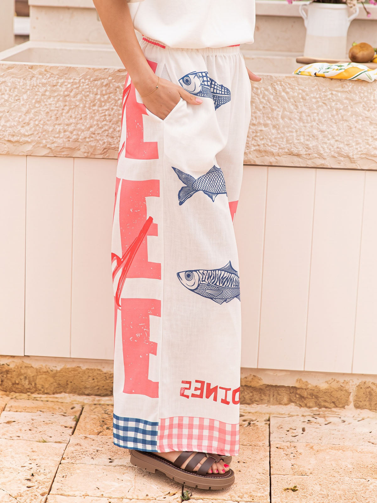 Coastal Fish Graphic Print High Waist Wide Leg Resort Pants