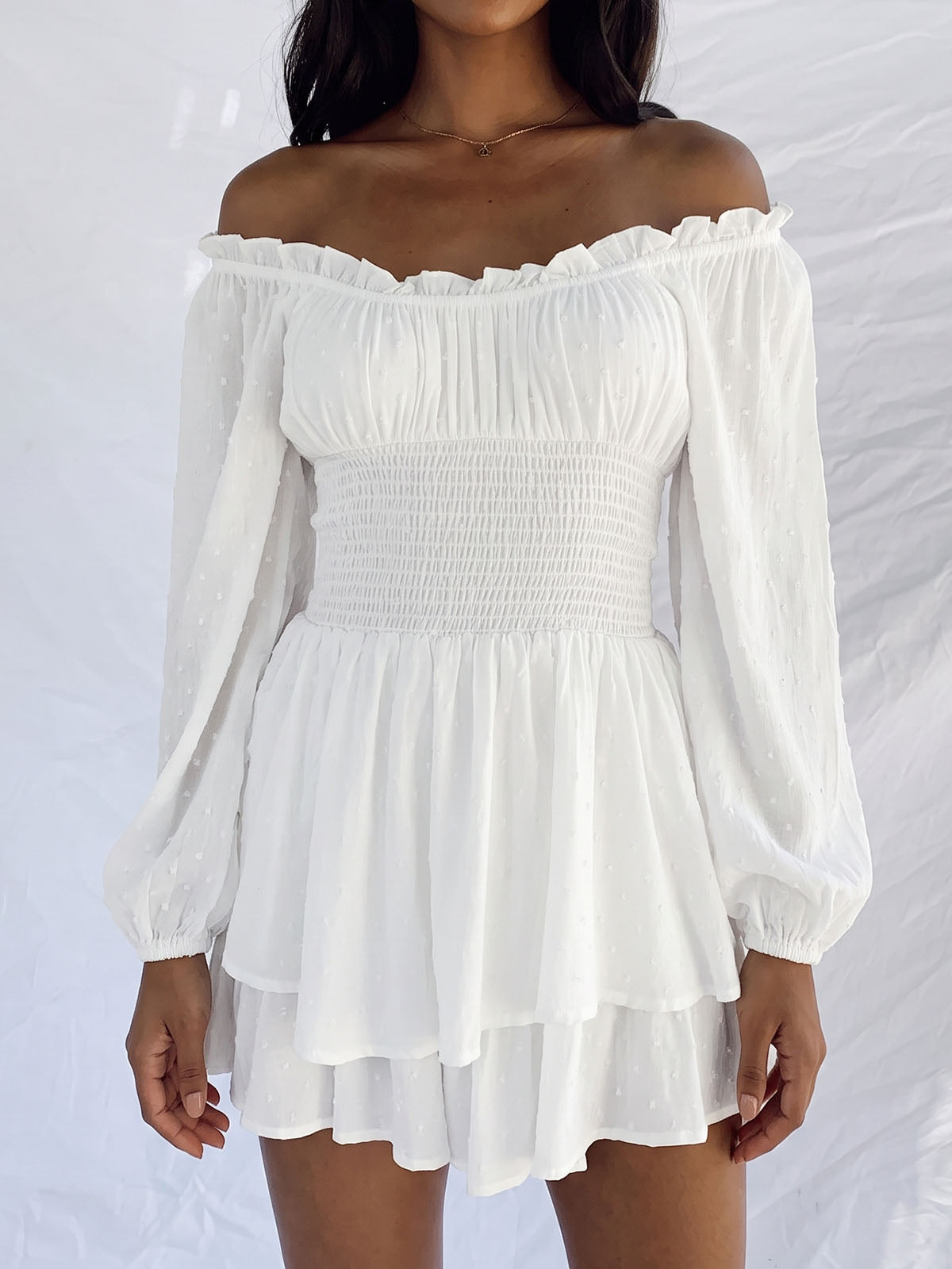 Cute Ruffle Off Shoulder Smocked Bishop Sleeve Resort Tiered Romper