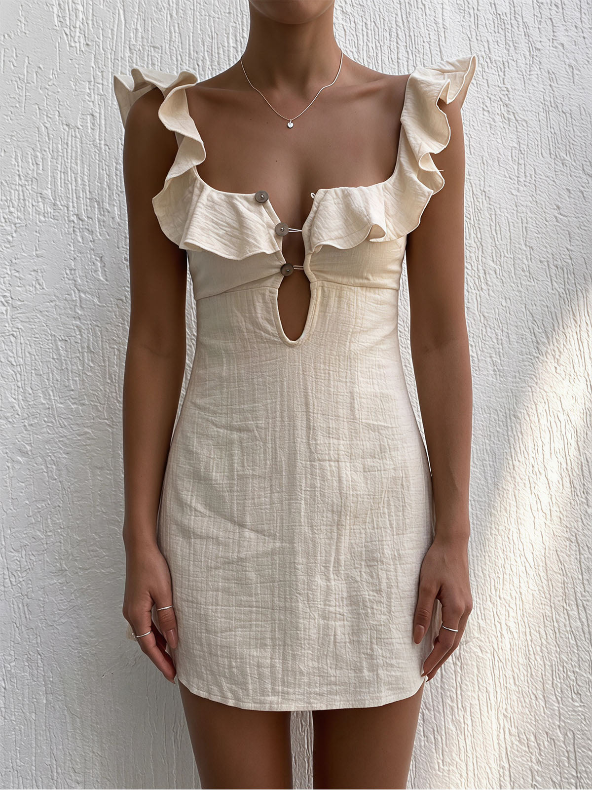 Cute Ruffled Square Neck Keyhole Button A Line Resort Mini Sun Dress