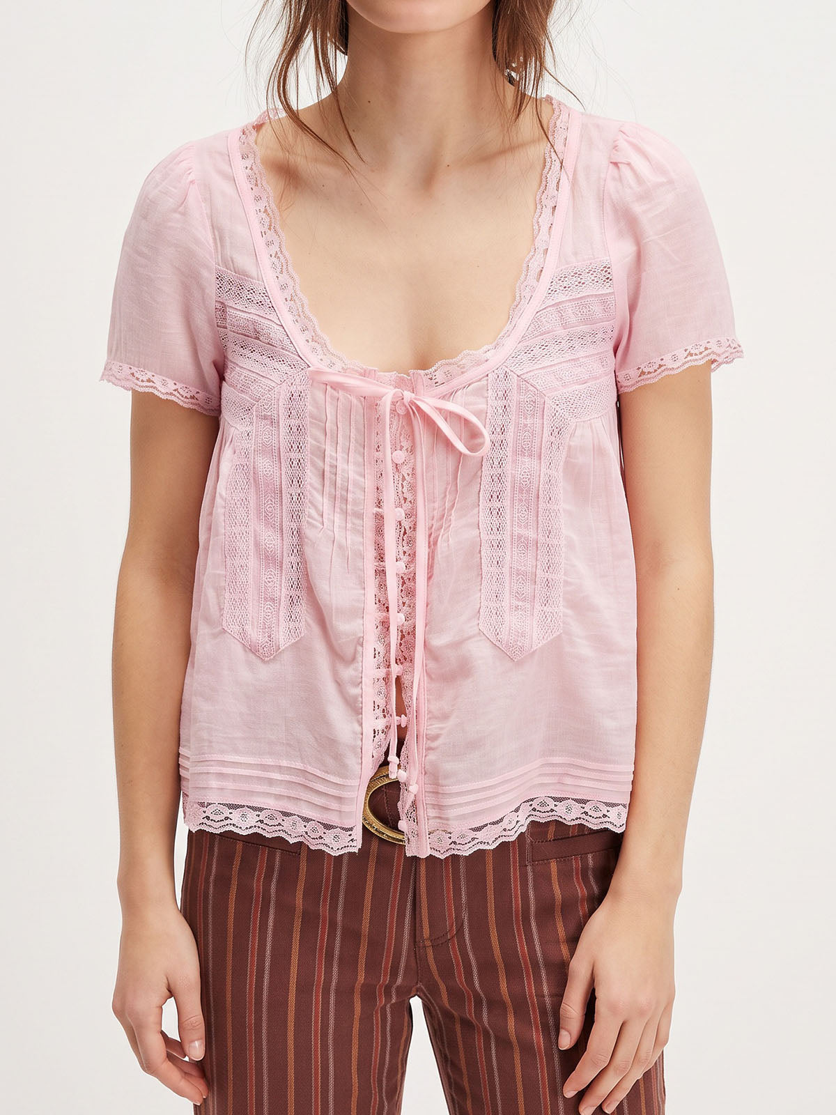 Cute Ruffled Tie Front Button Up Short Sleeve Resort Lace Trim Crop Top
