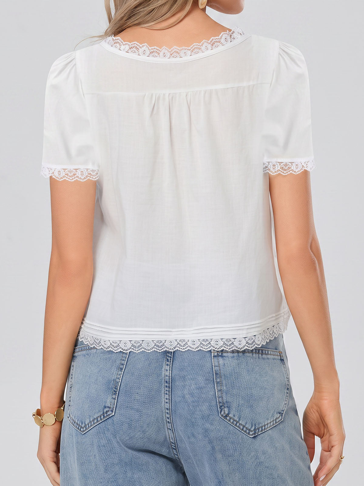 Cute Ruffled Tie Front Button Up Short Sleeve Resort Lace Trim Crop Top