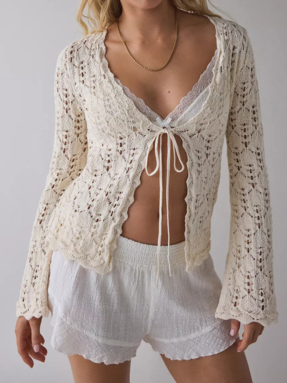 Cute Tie Front Flared Sleeve Resort Floral Crochet Knit Cardigan