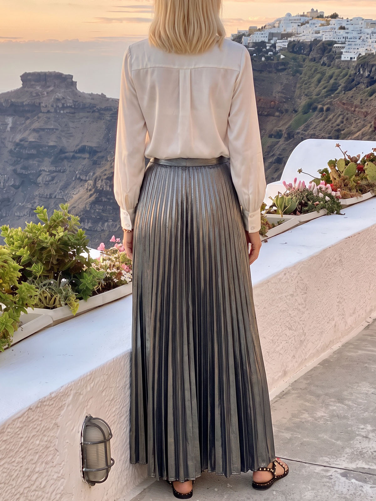 Elegant Collared Satin Shirt Two Piece Metallic Pleated Maxi Skirt Set