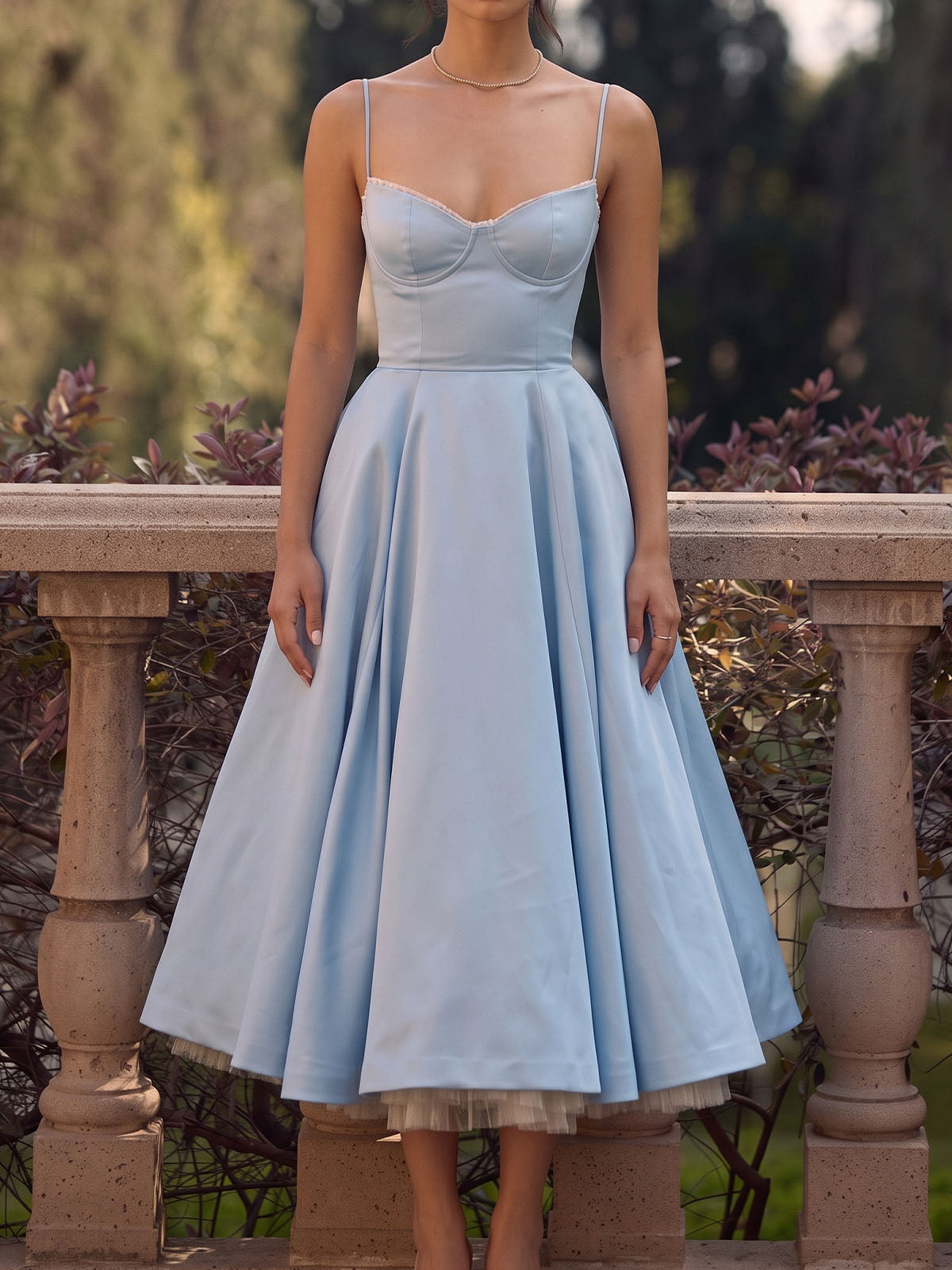 Elegant Sweetheart Fit & Flare Tulle Layer Resort Satin Slip Midi Dress
