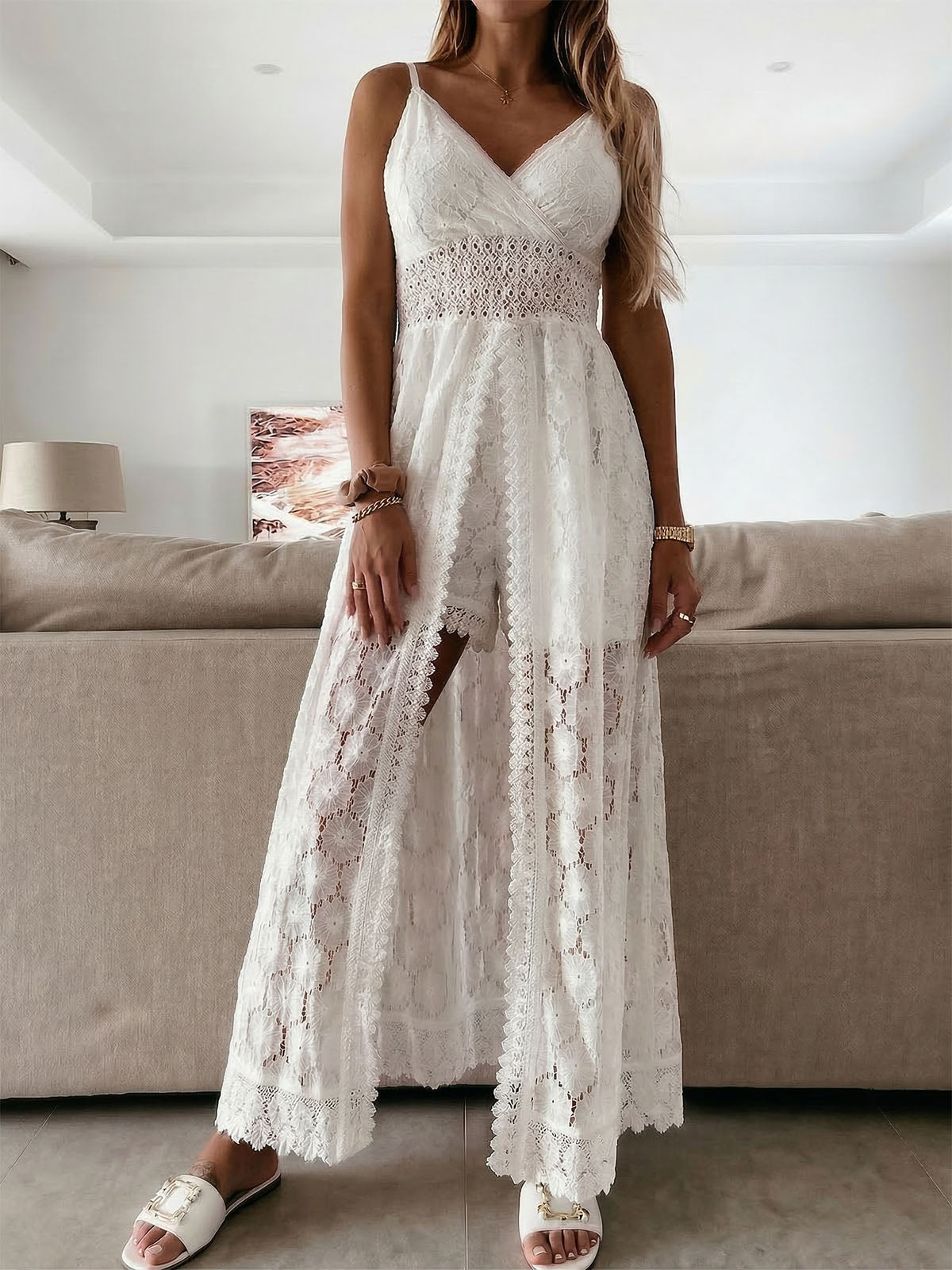 Elegant V Neck Sleeveless High Low Smocked Panel Resort Lace Romper