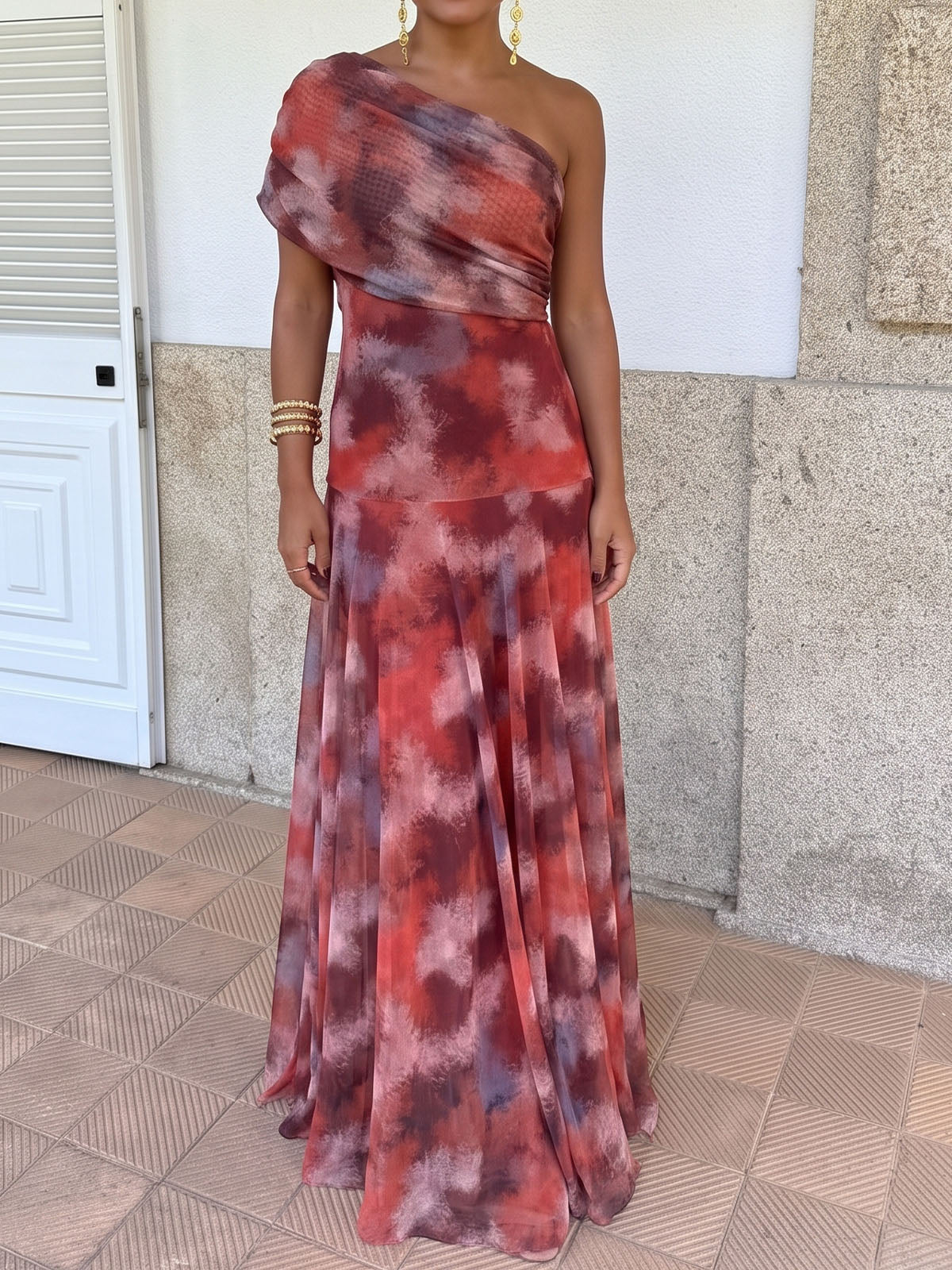 Ethereal Off Shoulder Drop Waist Resort Watercolor Mesh Maxi Dress