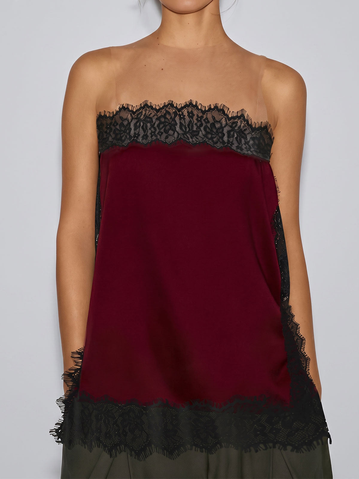 Feminine Floral Lace Trim Strapless Side Slit Resort Longline Satin Top