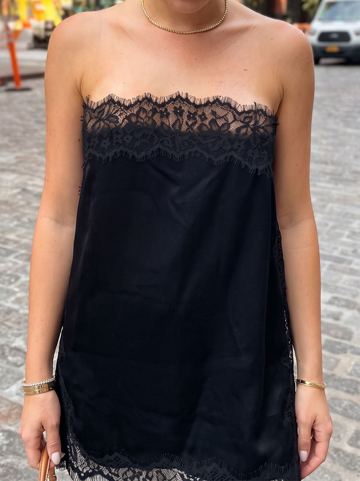 Feminine Floral Lace Trim Strapless Side Slit Resort Longline Satin Top