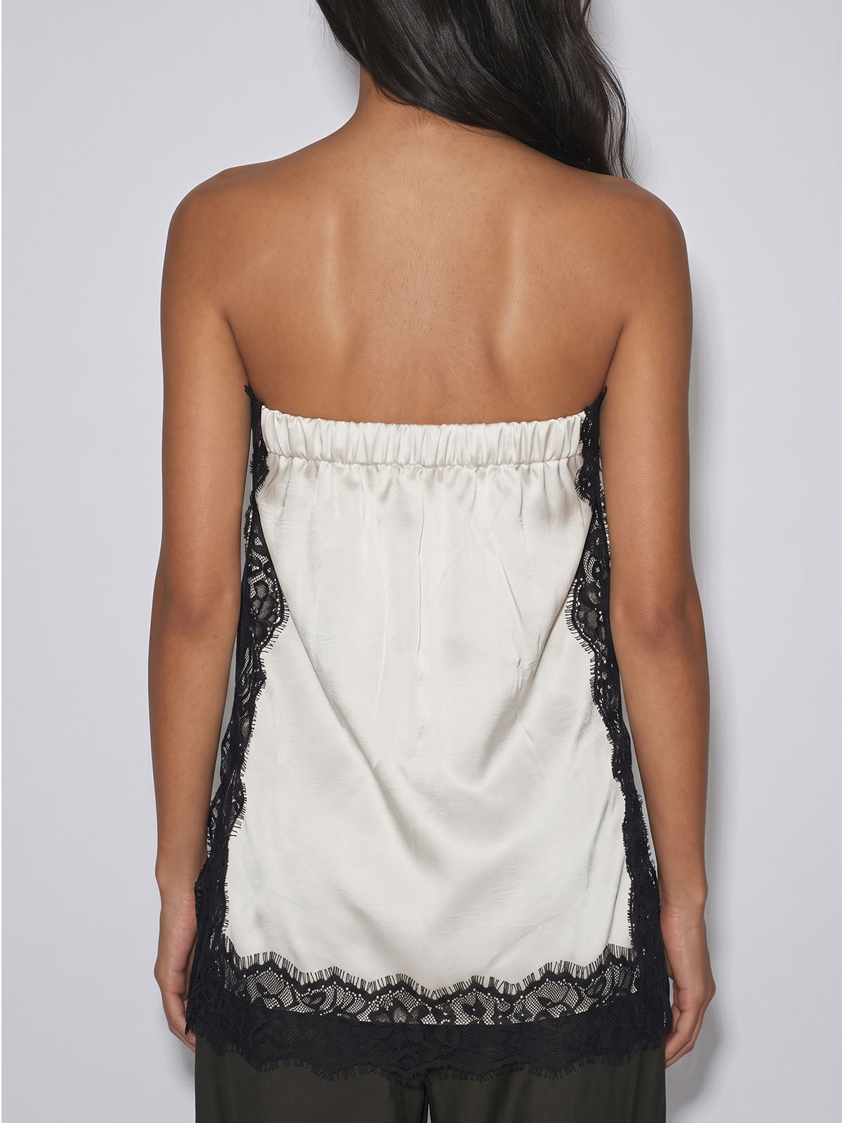 Feminine Floral Lace Trim Strapless Side Slit Resort Longline Satin Top