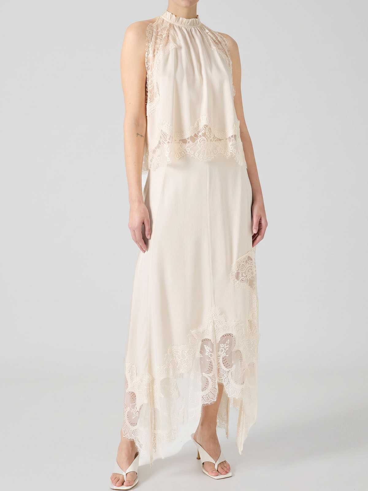 Feminine Lace Trim Satin Tank Top Resort Two Piece Slit Midi Skirt Set