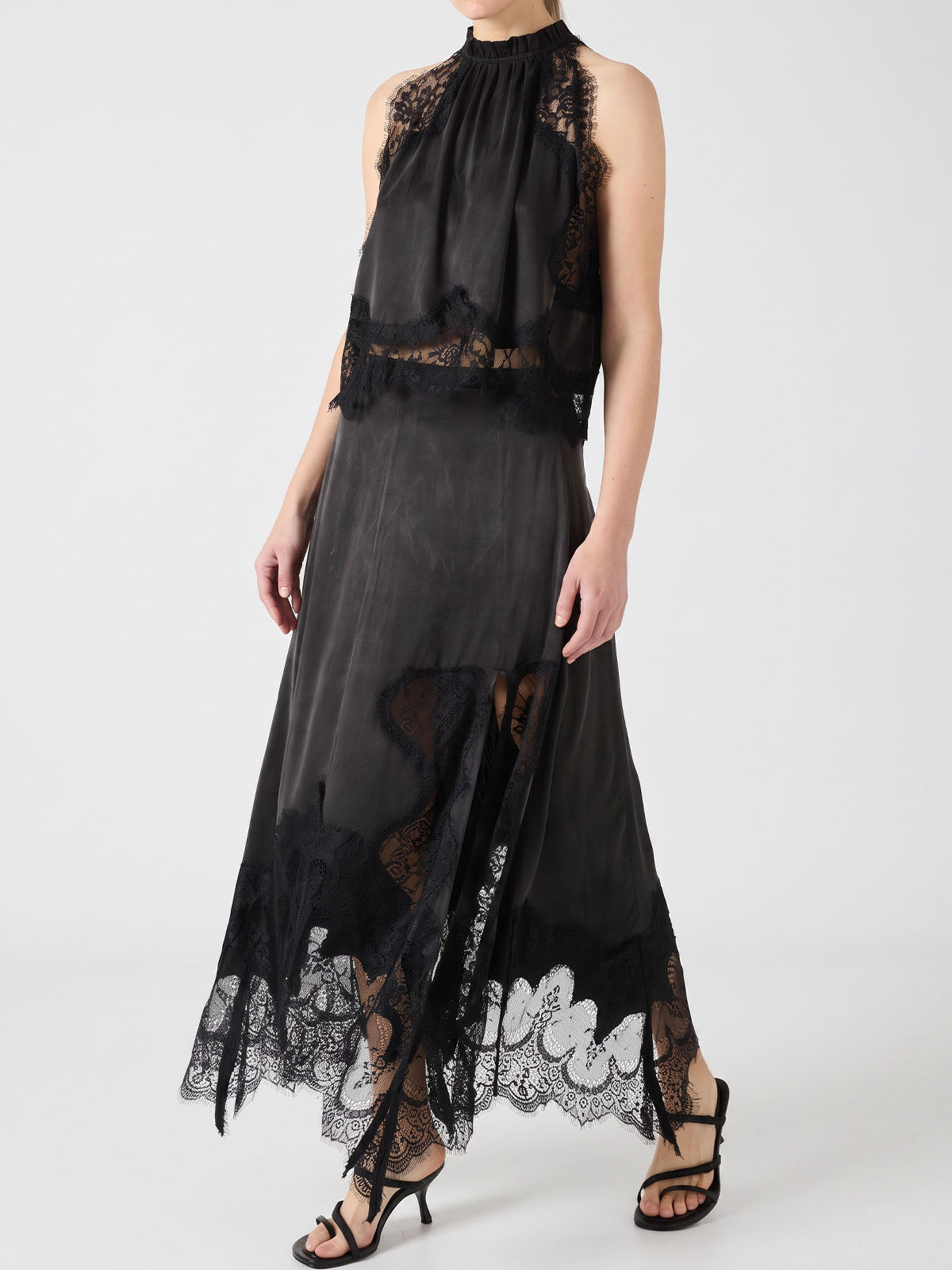 Feminine Lace Trim Satin Tank Top Resort Two Piece Slit Midi Skirt Set