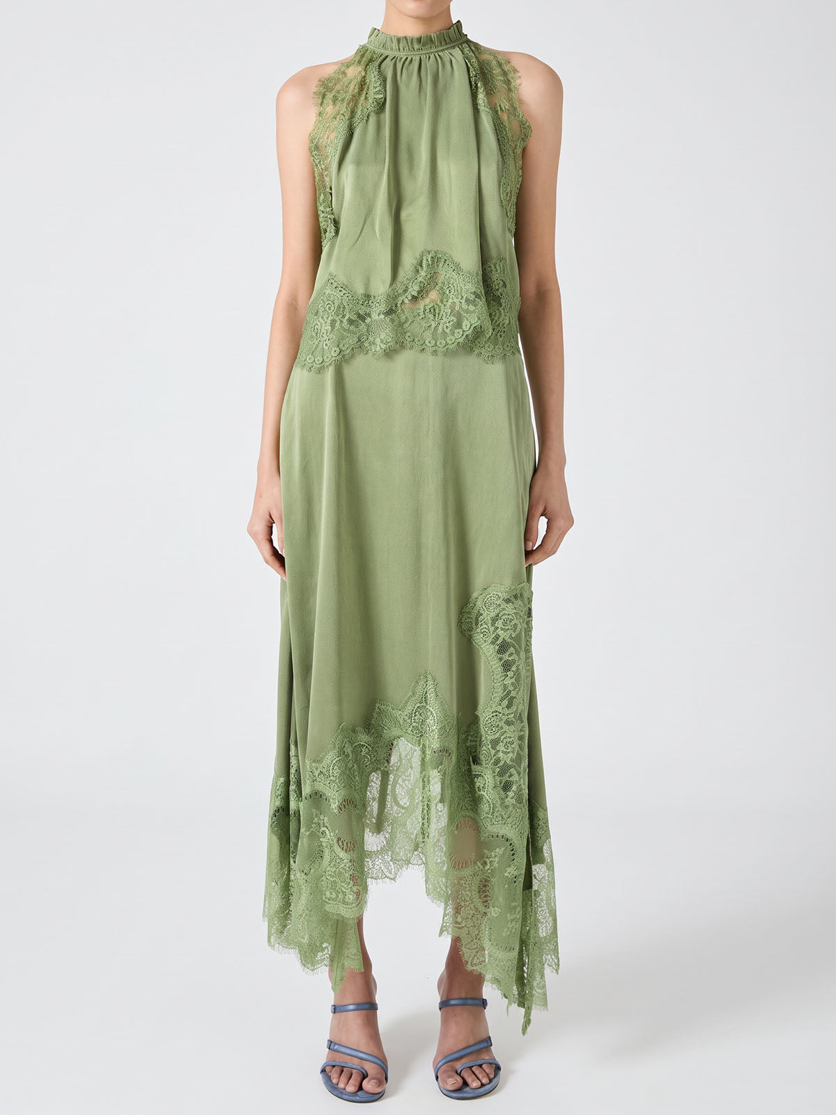 Feminine Lace Trim Satin Tank Top Resort Two Piece Slit Midi Skirt Set