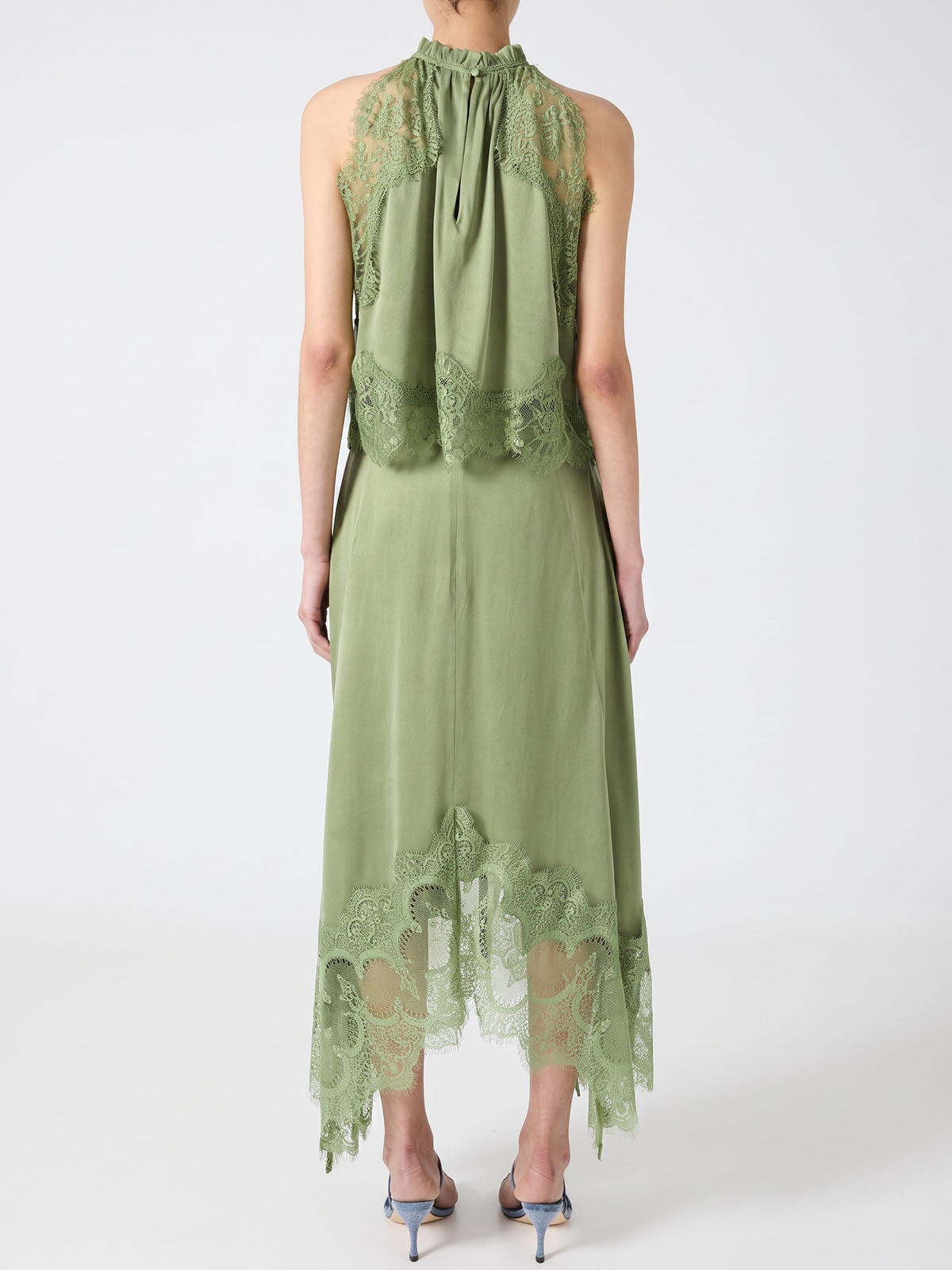 Feminine Lace Trim Satin Tank Top Resort Two Piece Slit Midi Skirt Set