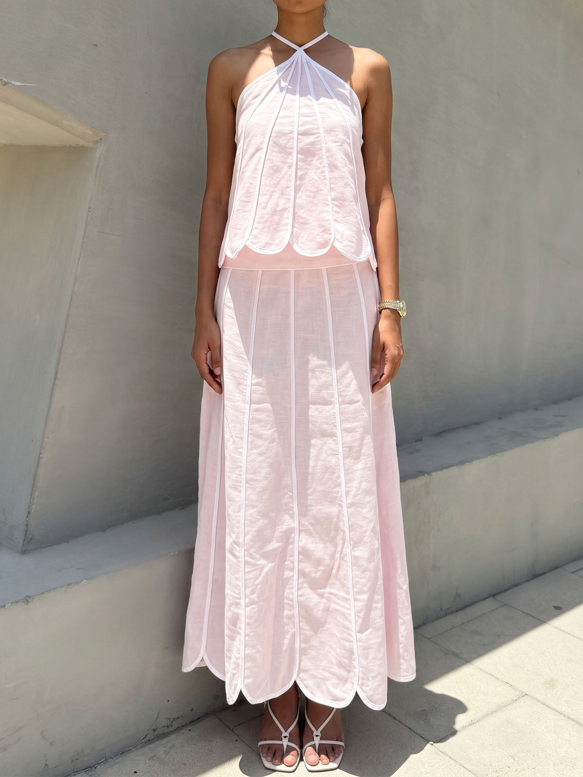 Feminine Scalloped Halter Top Panelled Two Piece Resort Midi Skirt Set