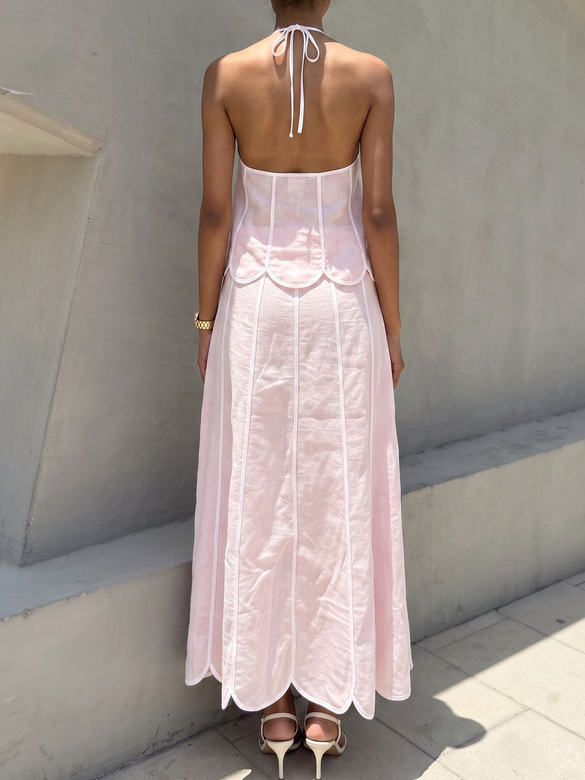 Feminine Scalloped Halter Top Panelled Two Piece Resort Midi Skirt Set