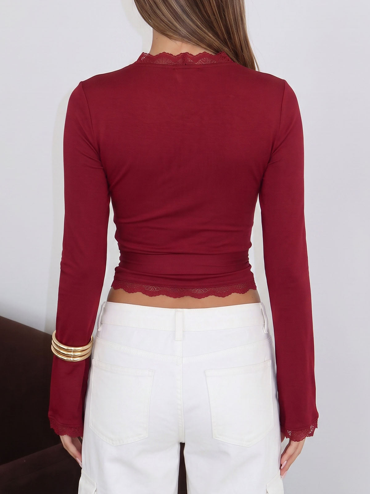 Feminine Scalloped Lace Trim Long Sleeve Resort Tie Waist Wrap Top