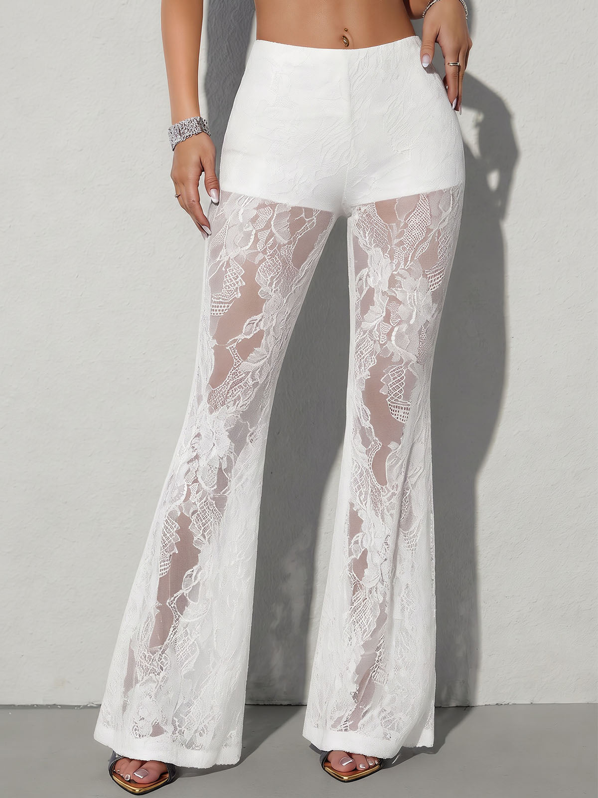 Feminine Solid Color High Waist Fit and Flare Resort Floral Lace Pants