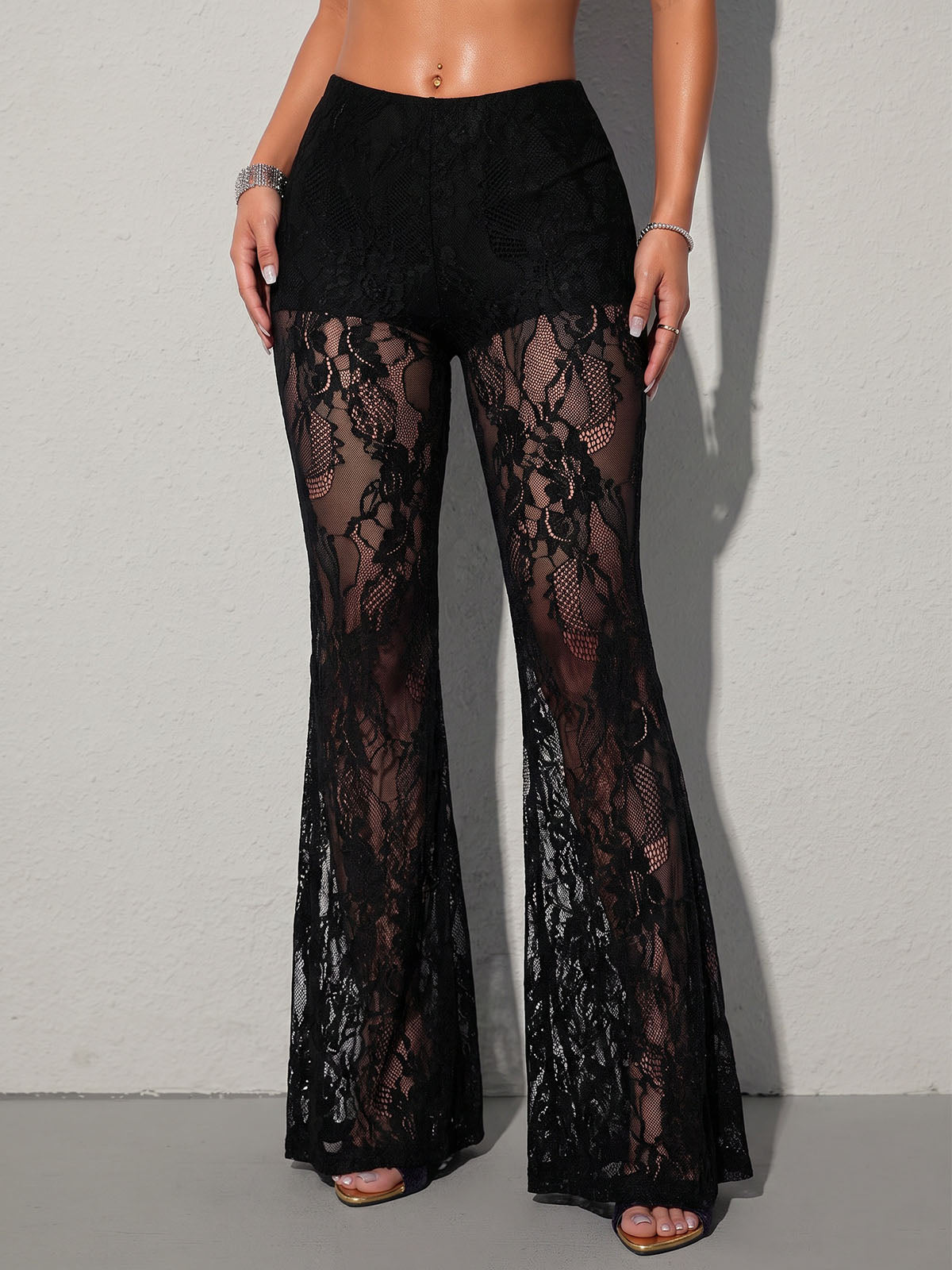 Feminine Solid Color High Waist Fit and Flare Resort Floral Lace Pants