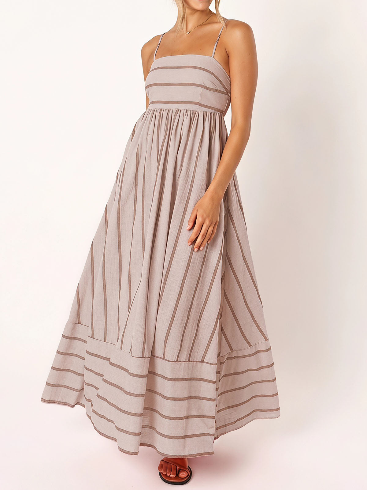 Flattering Square Neck Empire Waist Resort Striped Slip Maxi Dress