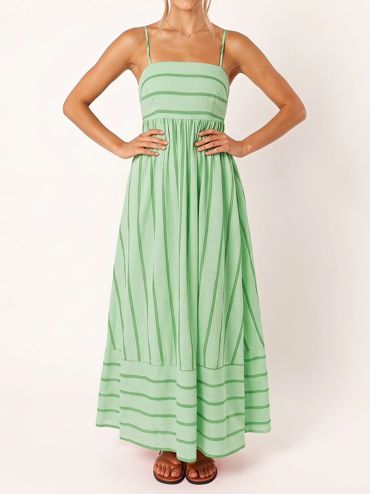Flattering Square Neck Empire Waist Resort Striped Slip Maxi Dress