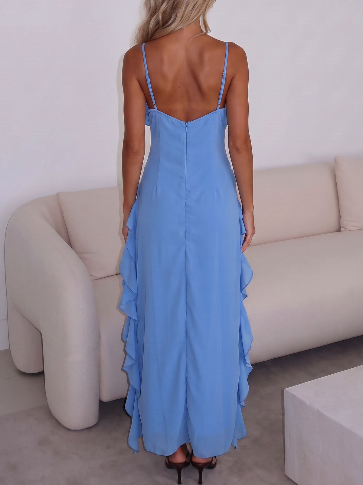Flowy Deep V Spaghetti Strap High Slit Resort Tiered Ruffle Maxi Dress