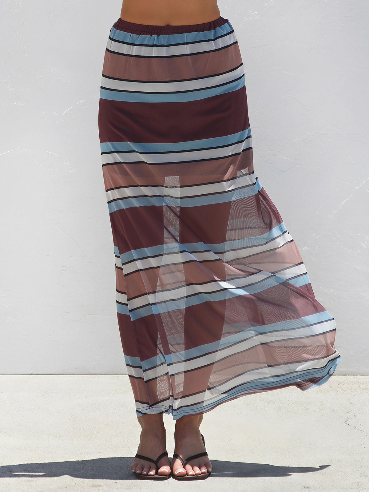 Flowy High Waist Summer Resort Contrast Stripe Print Mesh Maxi Skirt