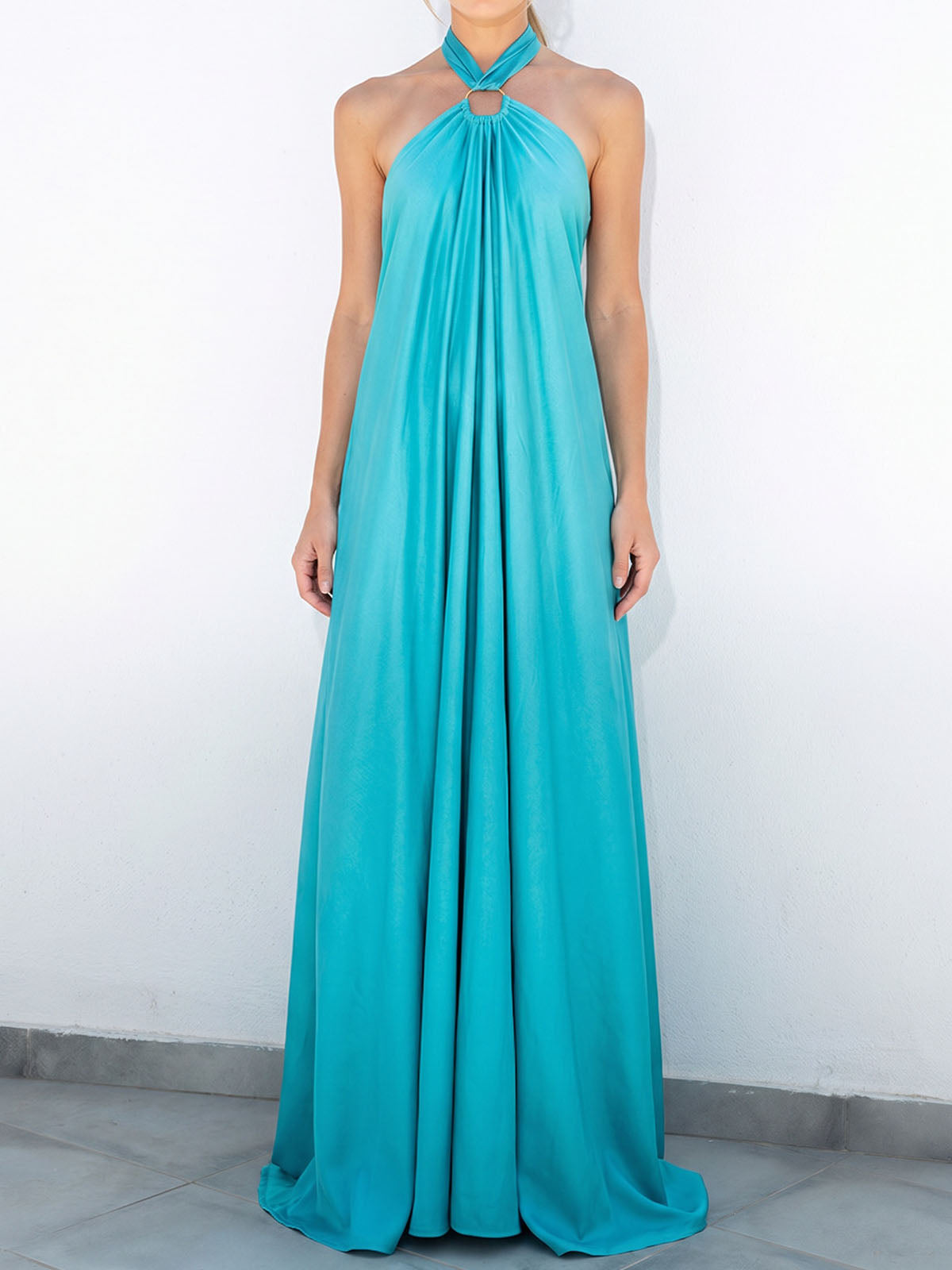 Flowy O Ring Halter Tie Backless Oversized Resort Satin Maxi Dress