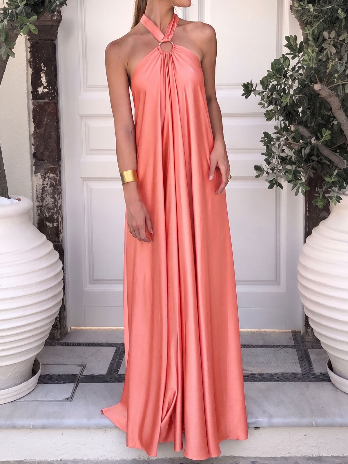 Flowy O Ring Halter Tie Backless Oversized Resort Satin Maxi Dress