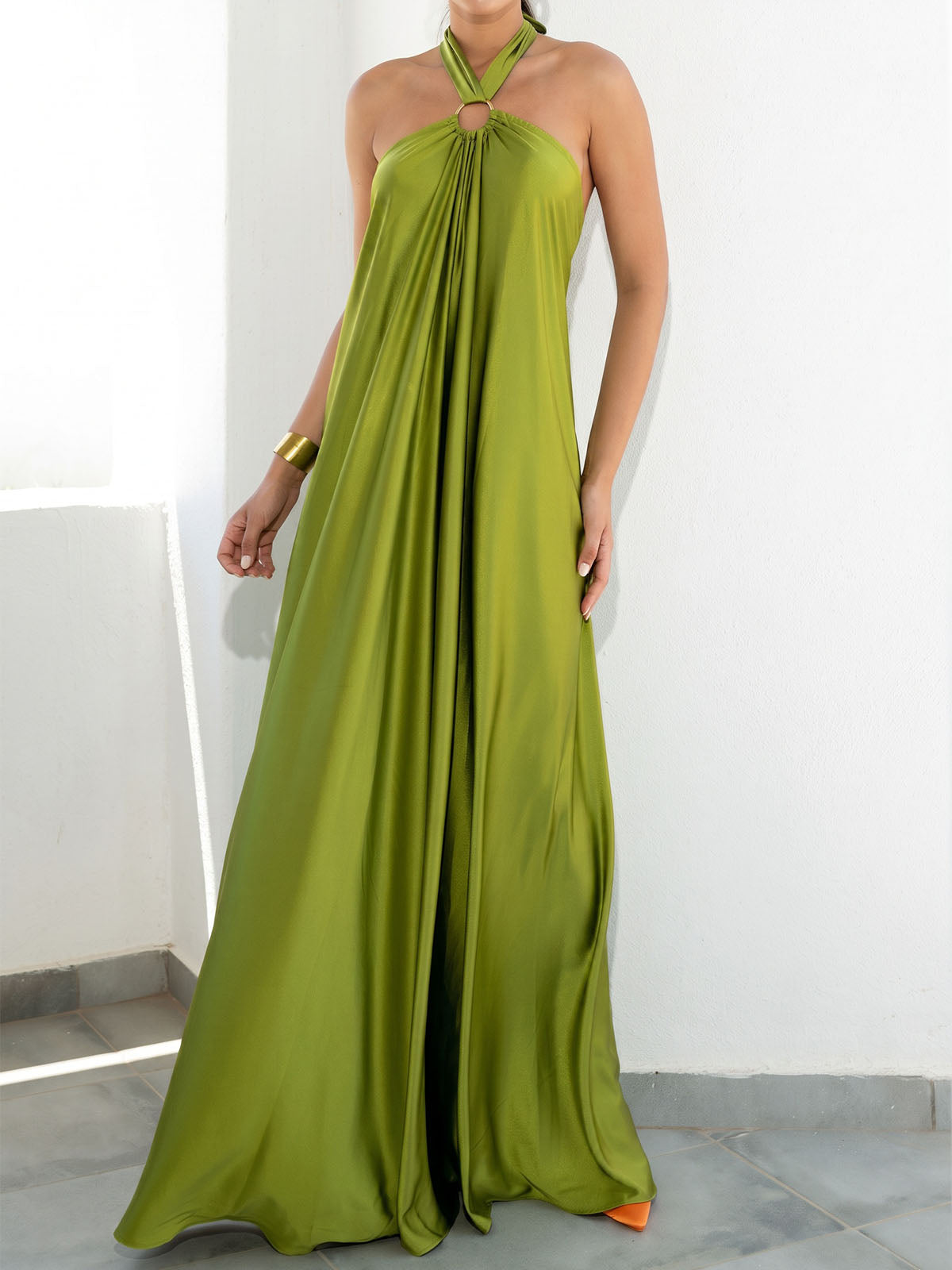 Flowy O Ring Halter Tie Backless Oversized Resort Satin Maxi Dress