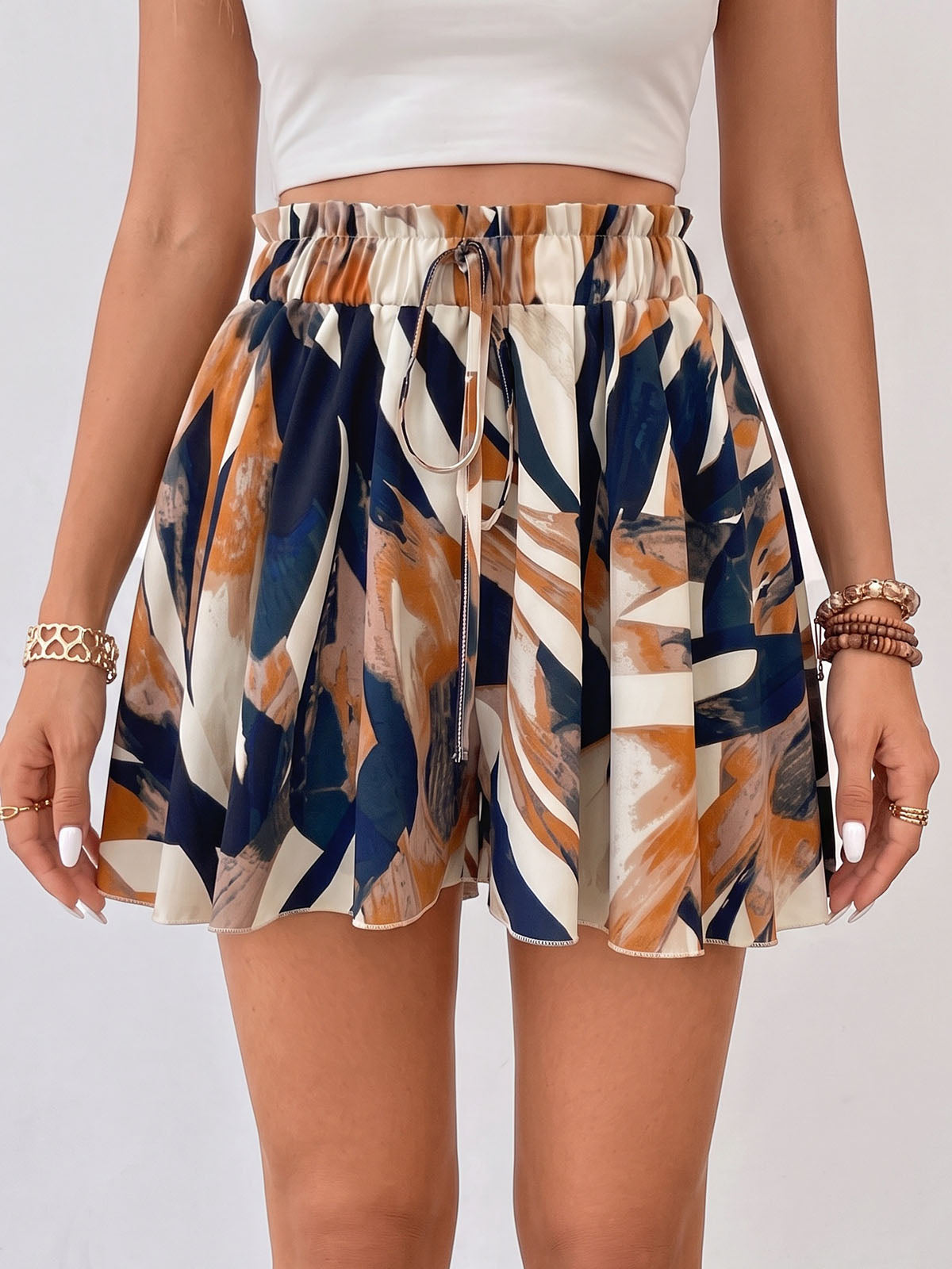 Flowy Printed Ruffled High Waist Summer Resort A Line Wide Leg Shorts