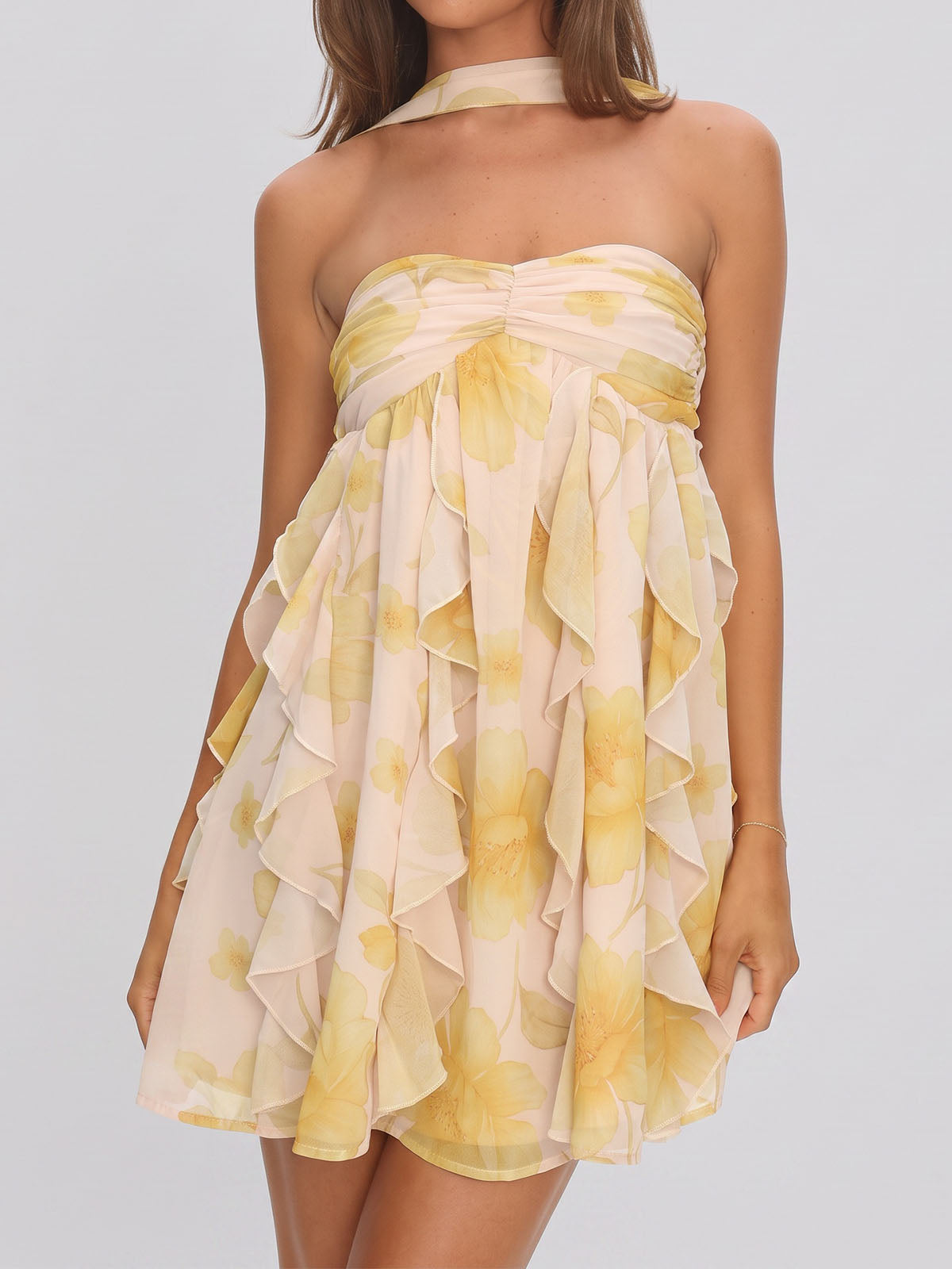 Flowy Ruffle Halter Sweetheart Resort Chiffon Floral Babydoll Mini Dress