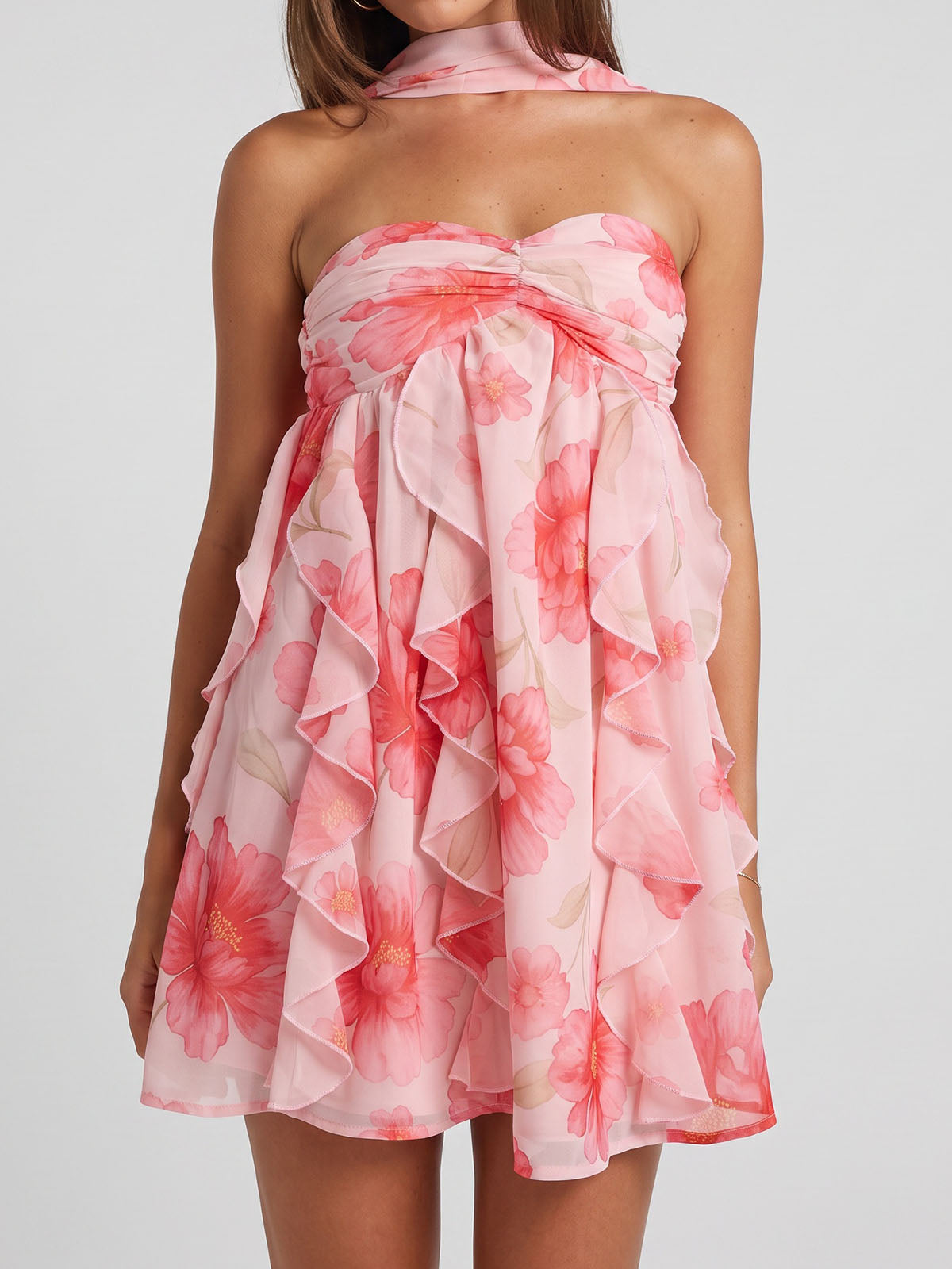 Flowy Ruffle Halter Sweetheart Resort Chiffon Floral Babydoll Mini Dress