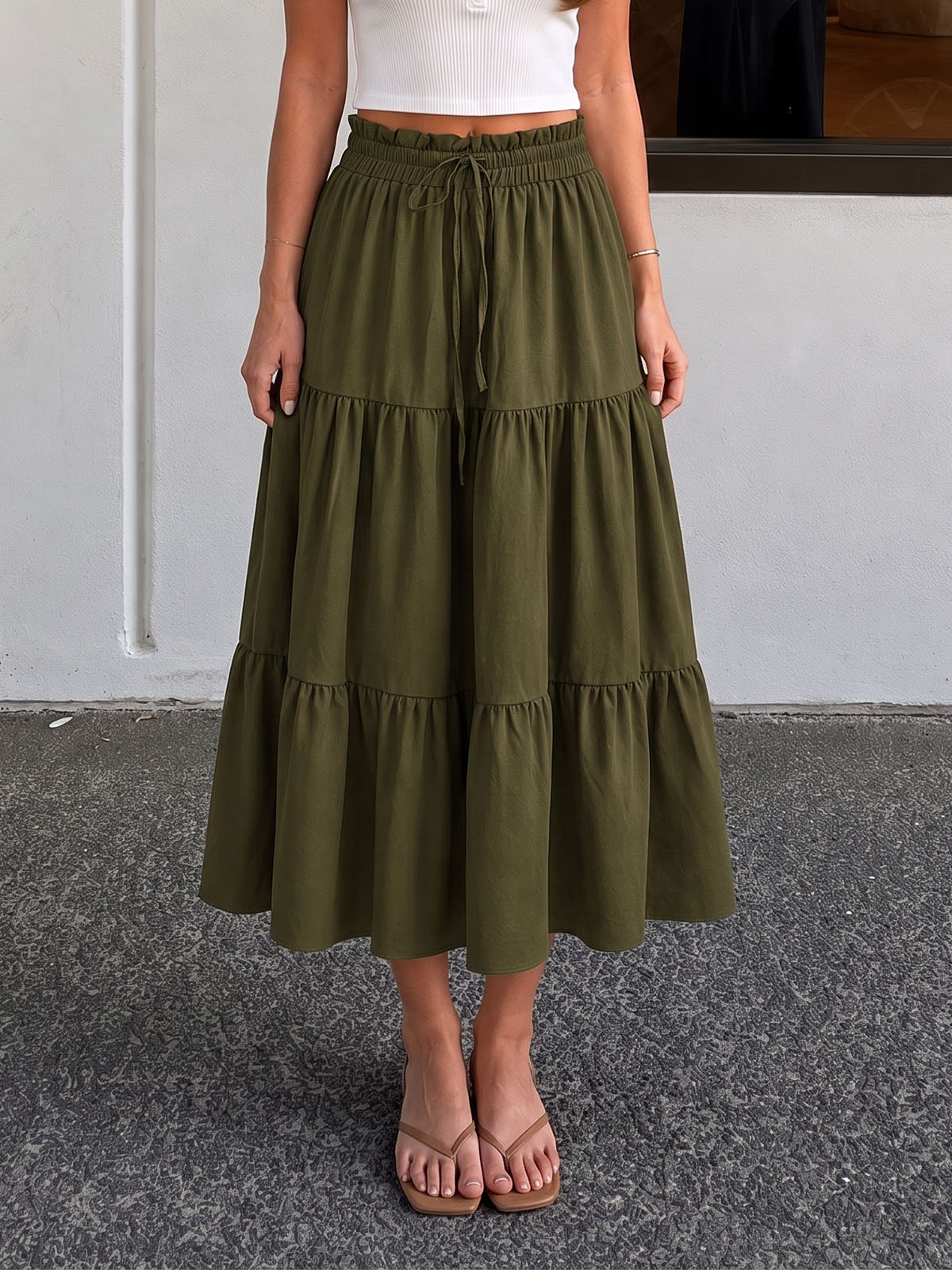 Flowy Ruffle High Waist Bow Tie Resort Solid Tiered A Line Midi Skirt