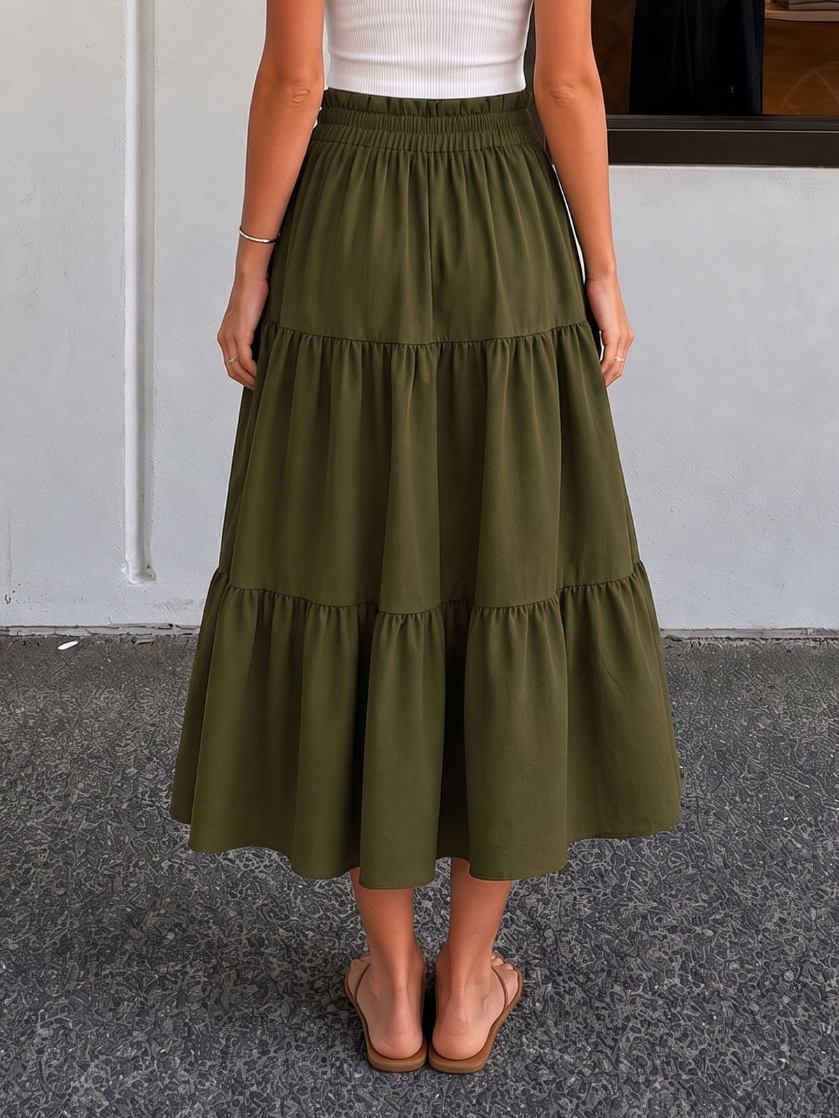 Flowy Ruffle High Waist Bow Tie Resort Solid Tiered A Line Midi Skirt