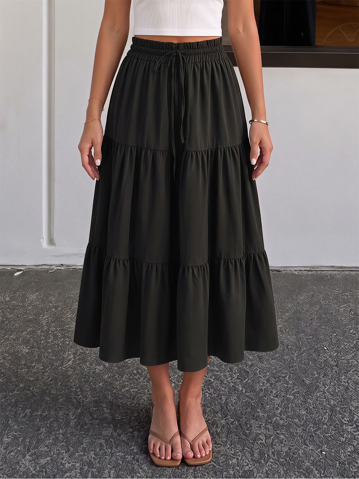 Flowy Ruffle High Waist Bow Tie Resort Solid Tiered A Line Midi Skirt