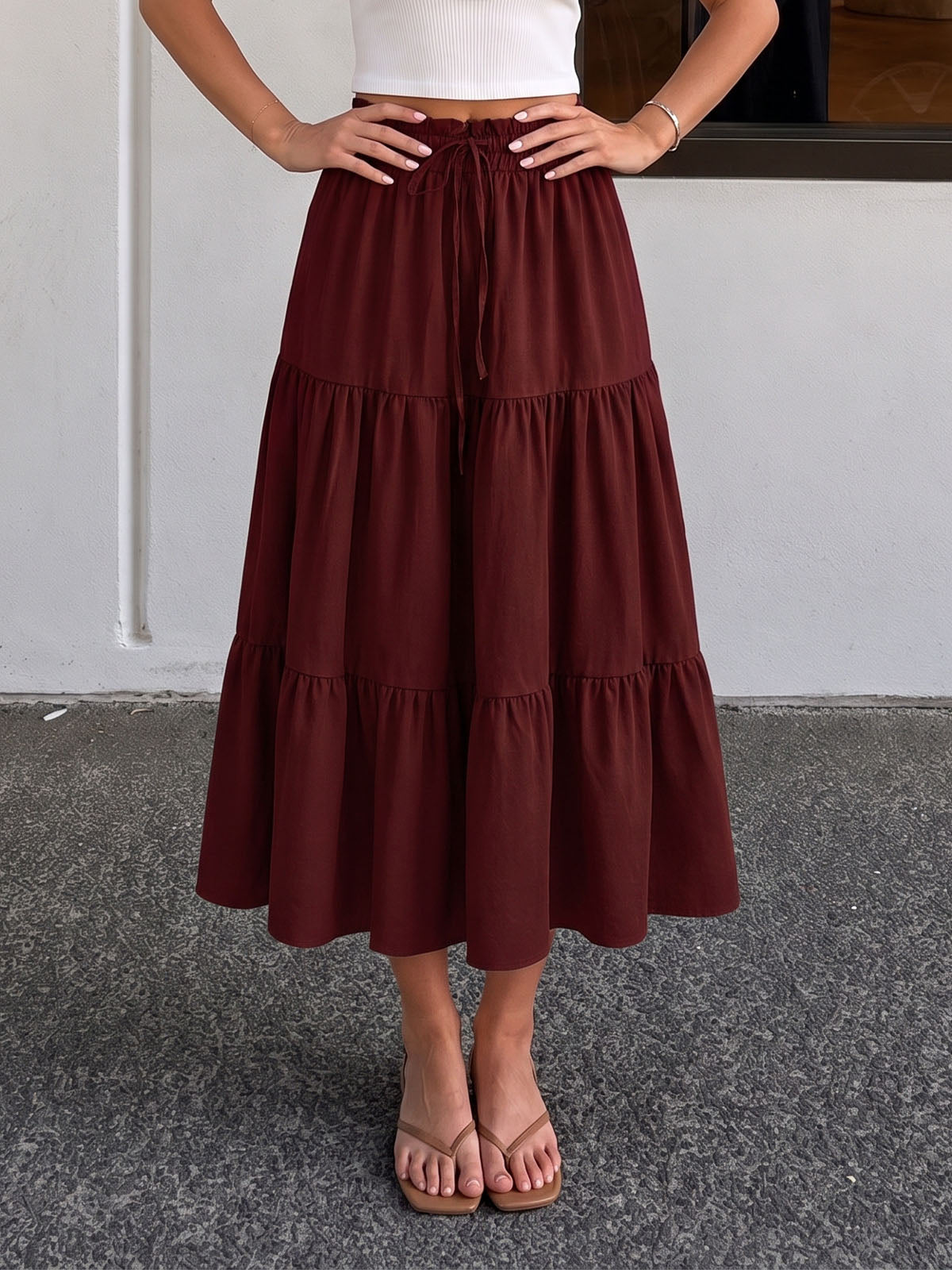 Flowy Ruffle High Waist Bow Tie Resort Solid Tiered A Line Midi Skirt