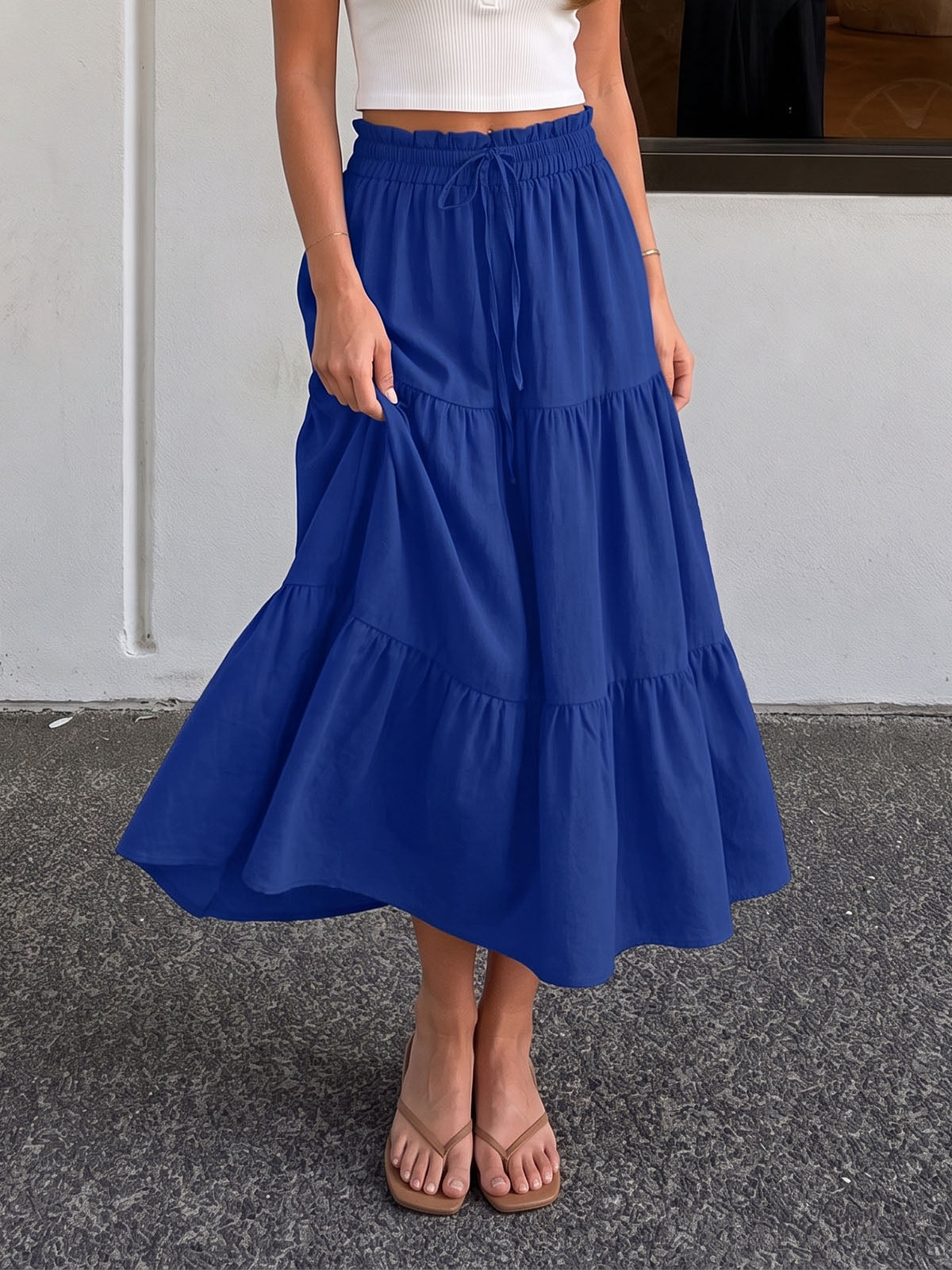 Flowy Ruffle High Waist Bow Tie Resort Solid Tiered A Line Midi Skirt