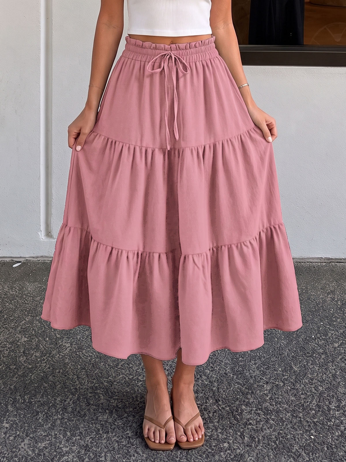 Flowy Ruffle High Waist Bow Tie Resort Solid Tiered A Line Midi Skirt