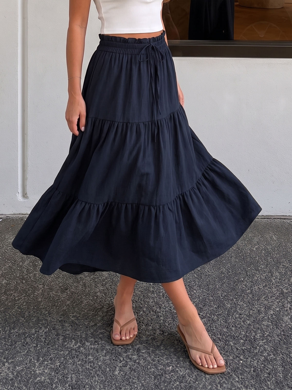 Flowy Ruffle High Waist Bow Tie Resort Solid Tiered A Line Midi Skirt