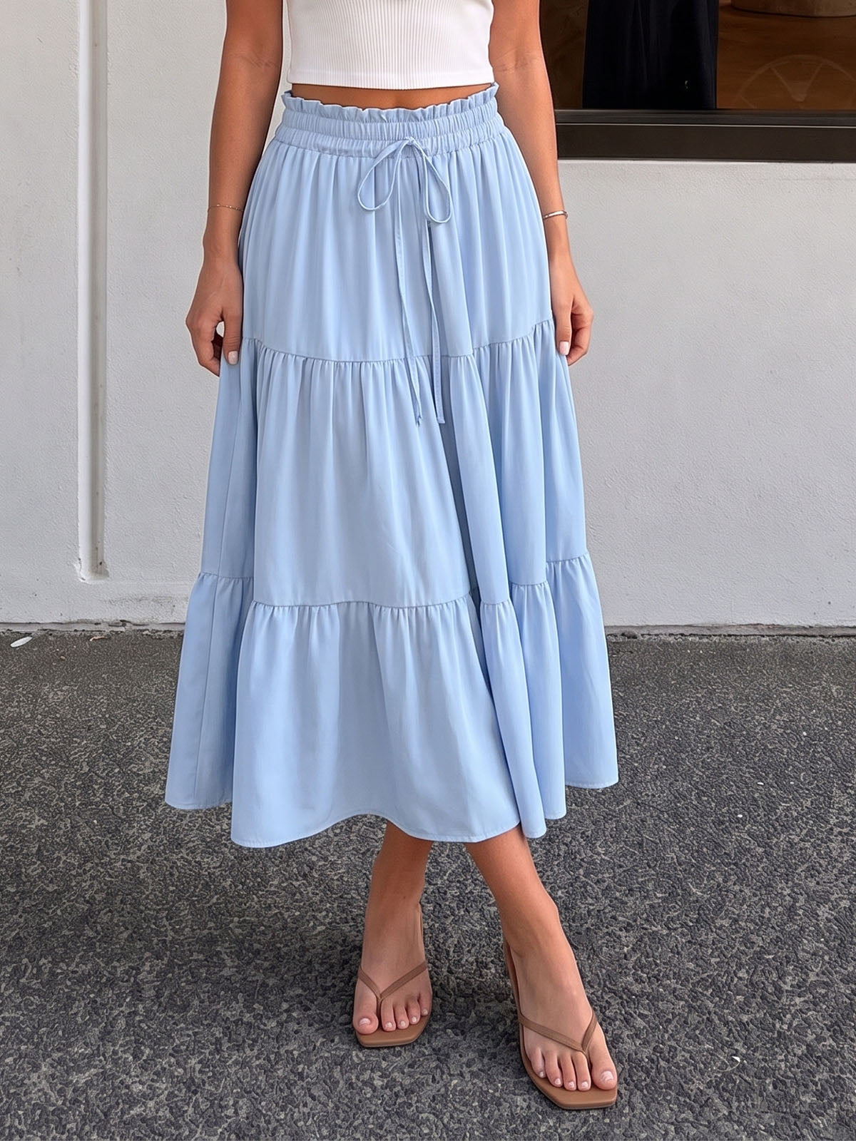 Flowy Ruffle High Waist Bow Tie Resort Solid Tiered A Line Midi Skirt