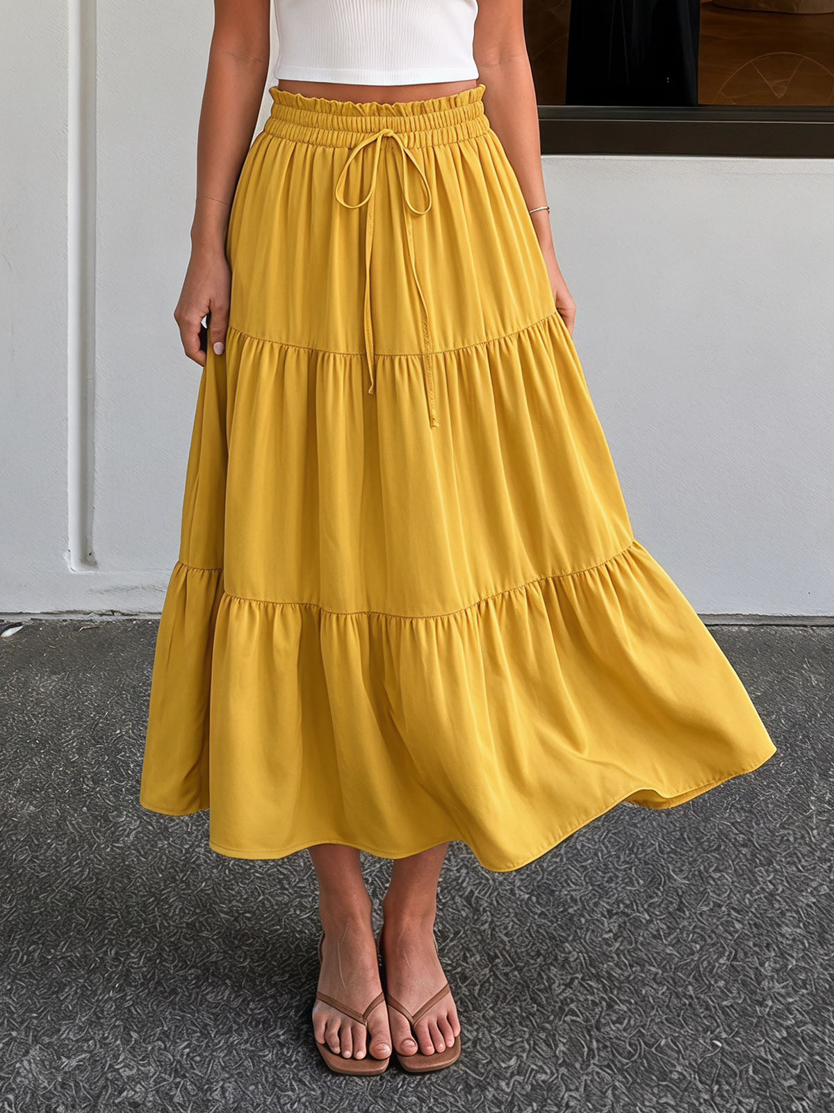 Flowy Ruffle High Waist Bow Tie Resort Solid Tiered A Line Midi Skirt