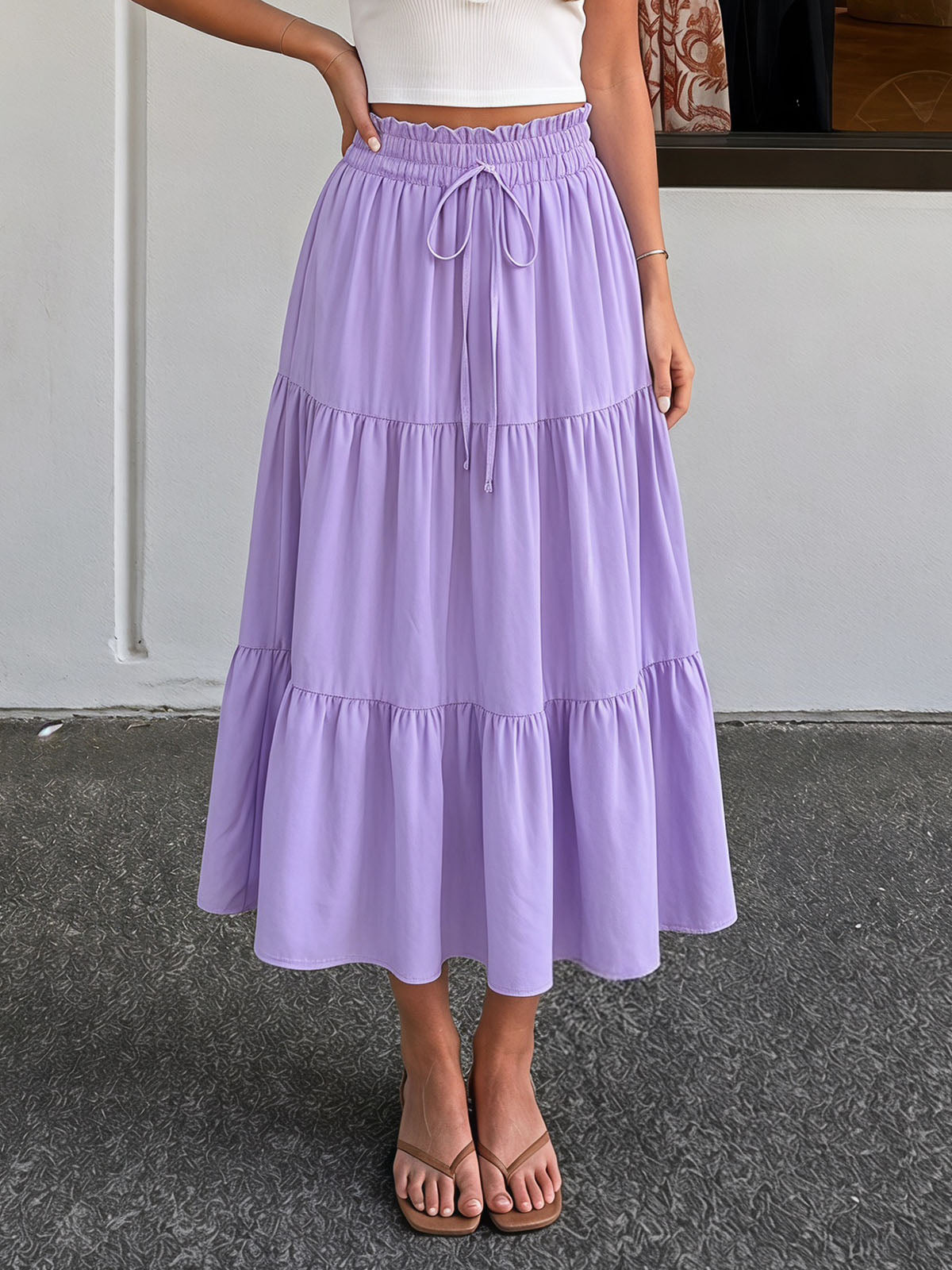 Flowy Ruffle High Waist Bow Tie Resort Solid Tiered A Line Midi Skirt