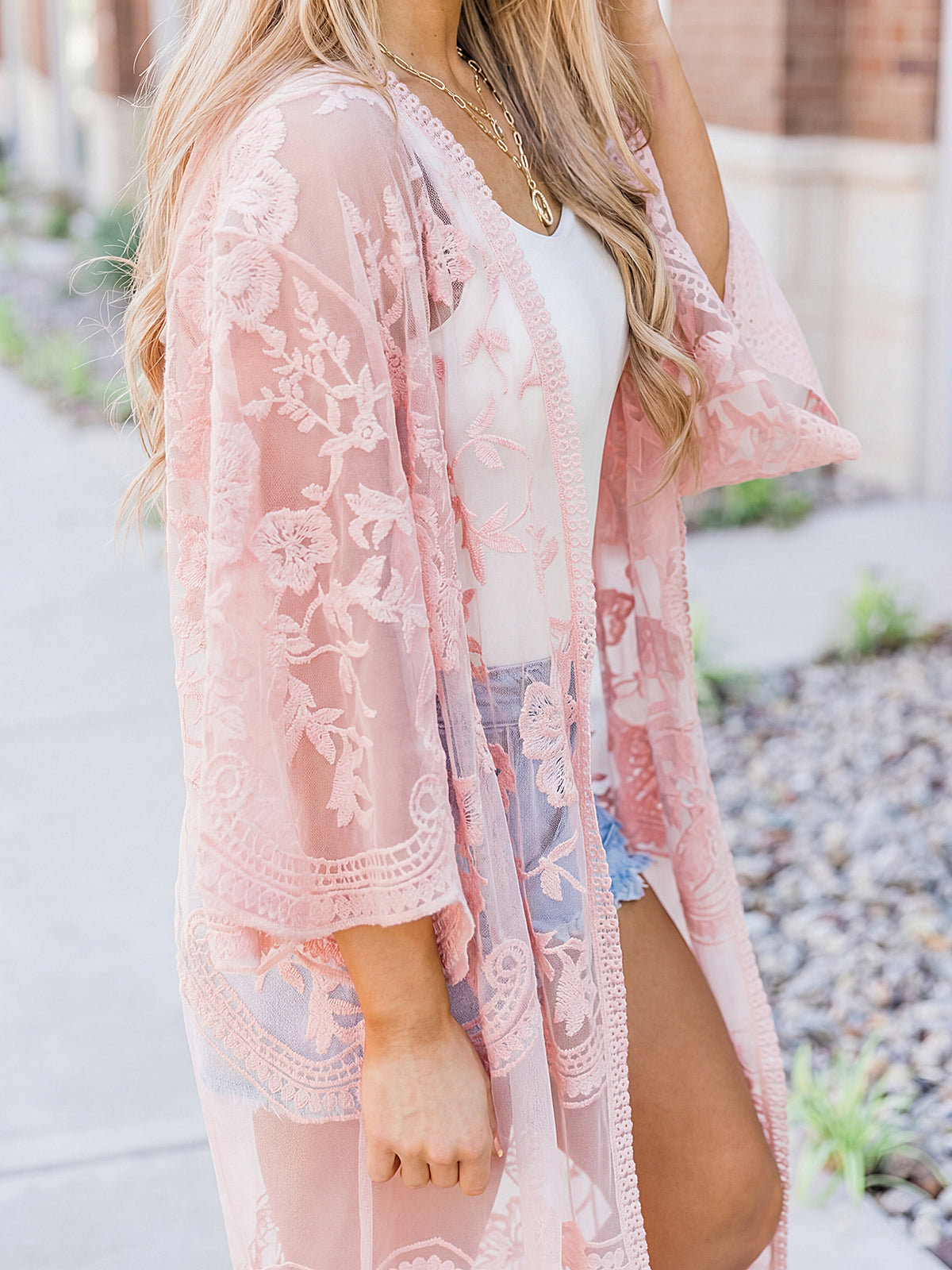 Flowy Scalloped 3/4 Sleeve Embroidered Lace Midi Beach Cover Up